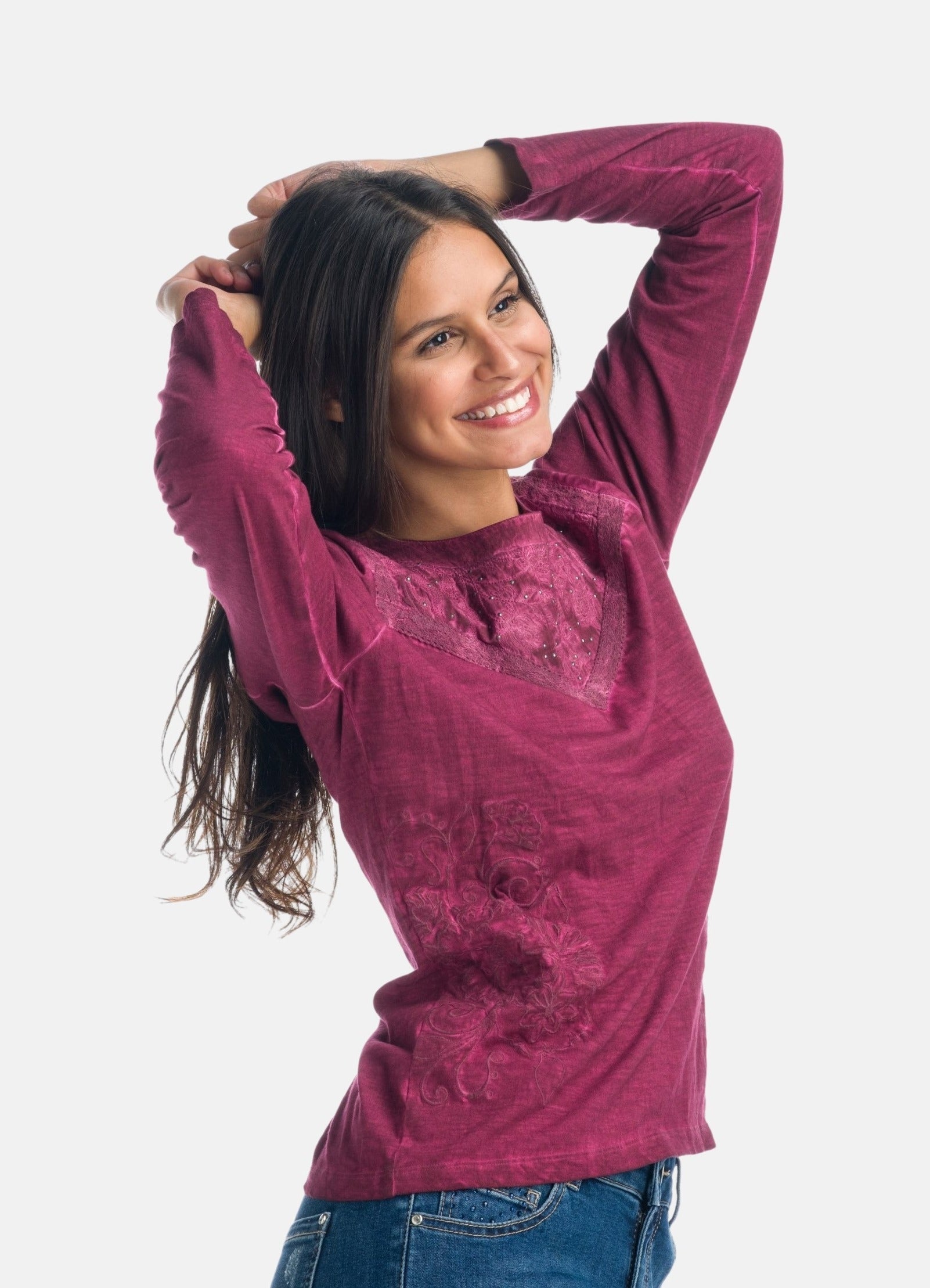 Camiseta Manga Larga Mujer con Bordados y Brillantes – Koroshi 1922ML81