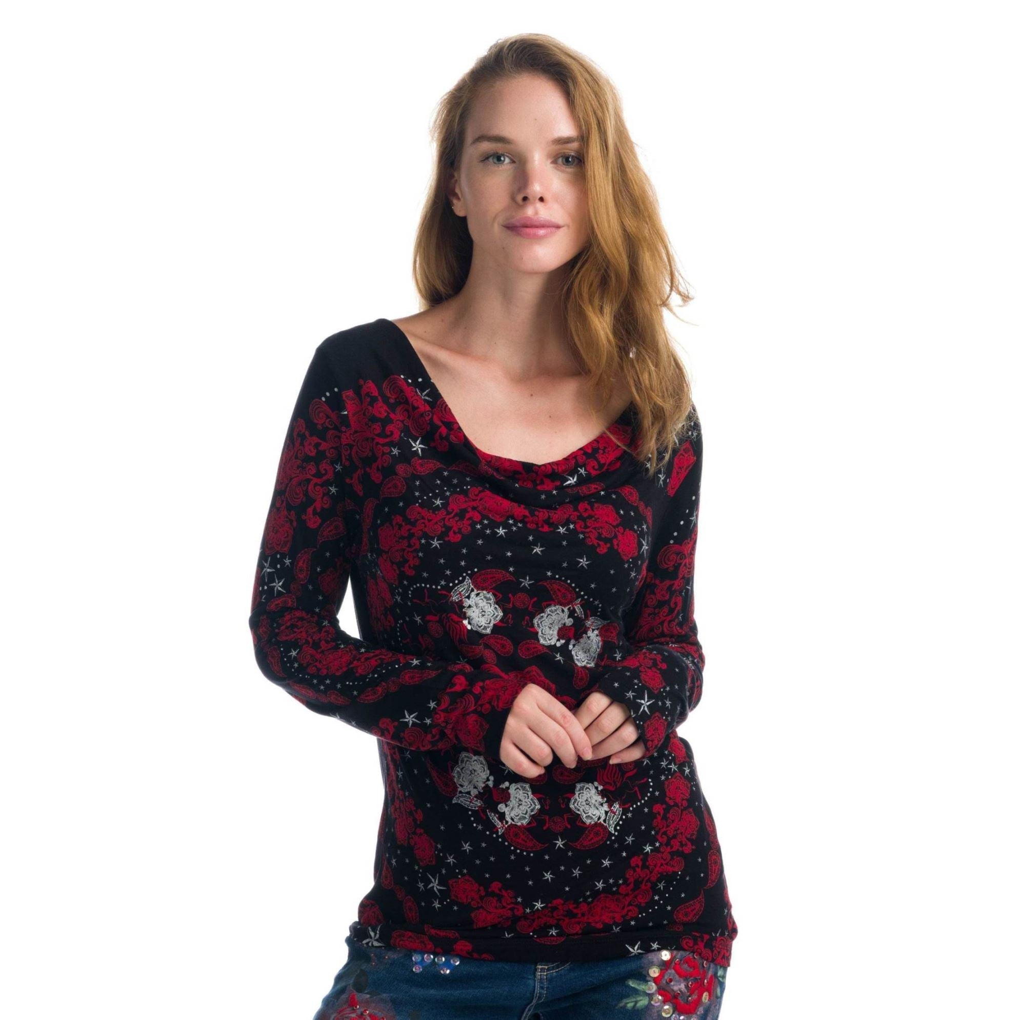 Camiseta Manga Larga Mujer Estampada Escote Drapeado – Koroshi 1922ML82
