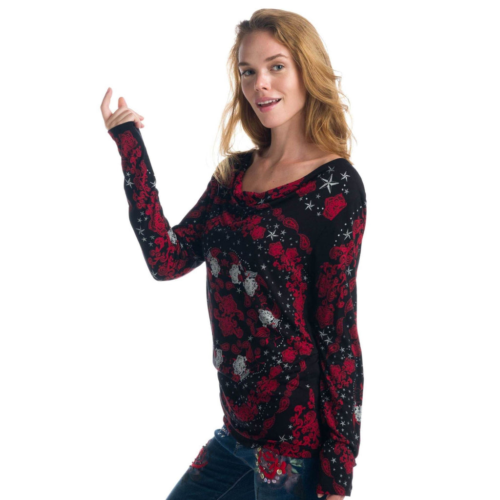 Camiseta Manga Larga Mujer Estampada Escote Drapeado – Koroshi 1922ML82