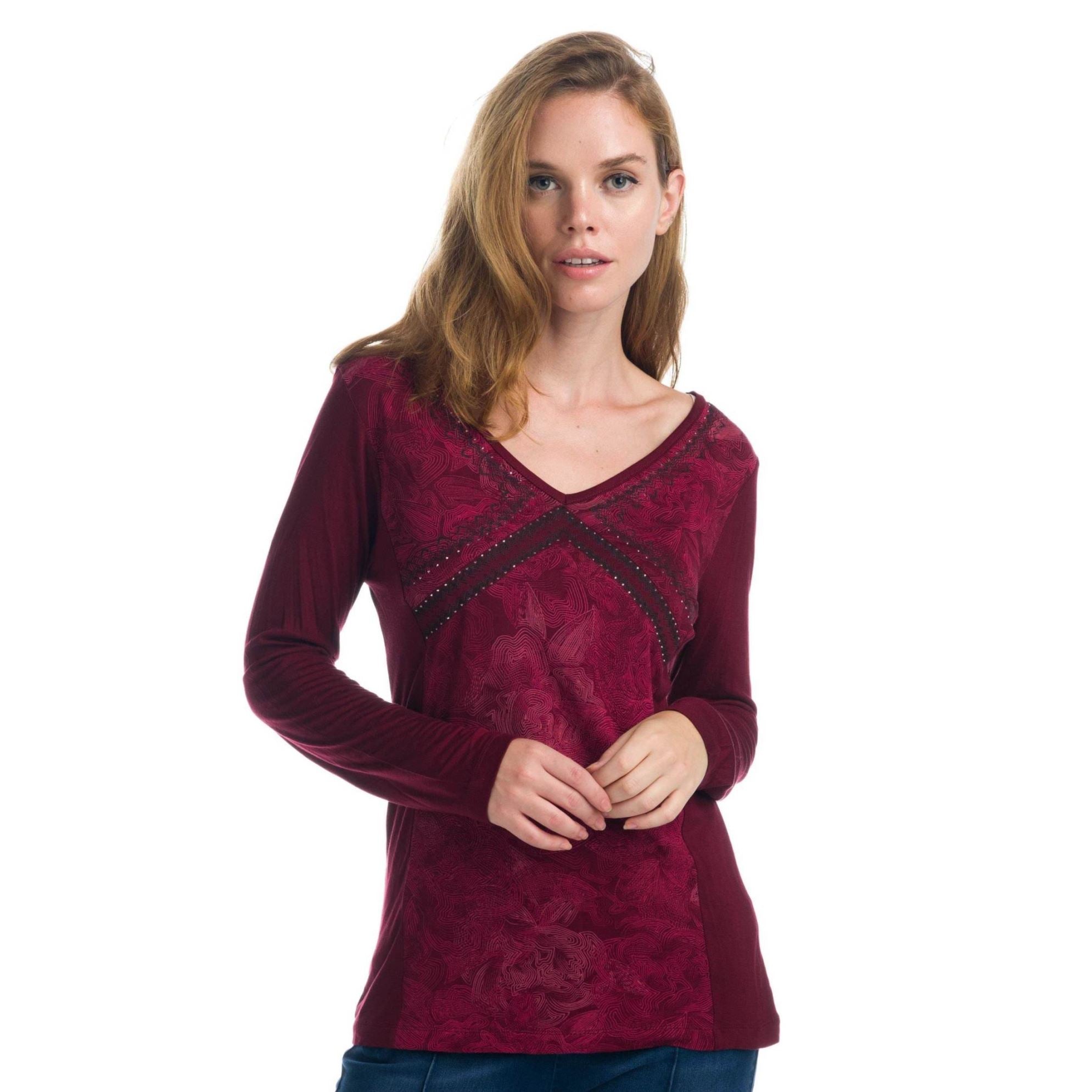 Camiseta Manga Larga Mujer Viscosa Escote Pico – Koroshi Granate