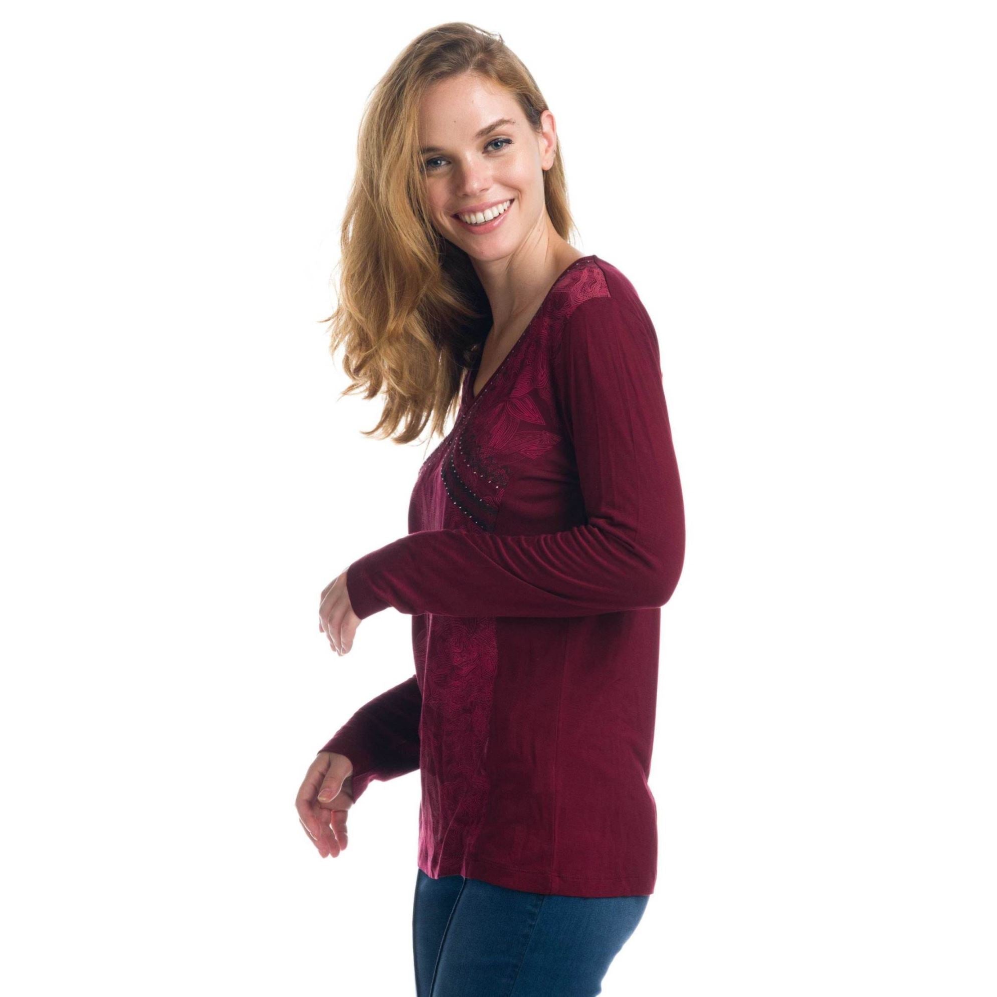 Camiseta Manga Larga Mujer Viscosa Escote Pico – Koroshi Granate