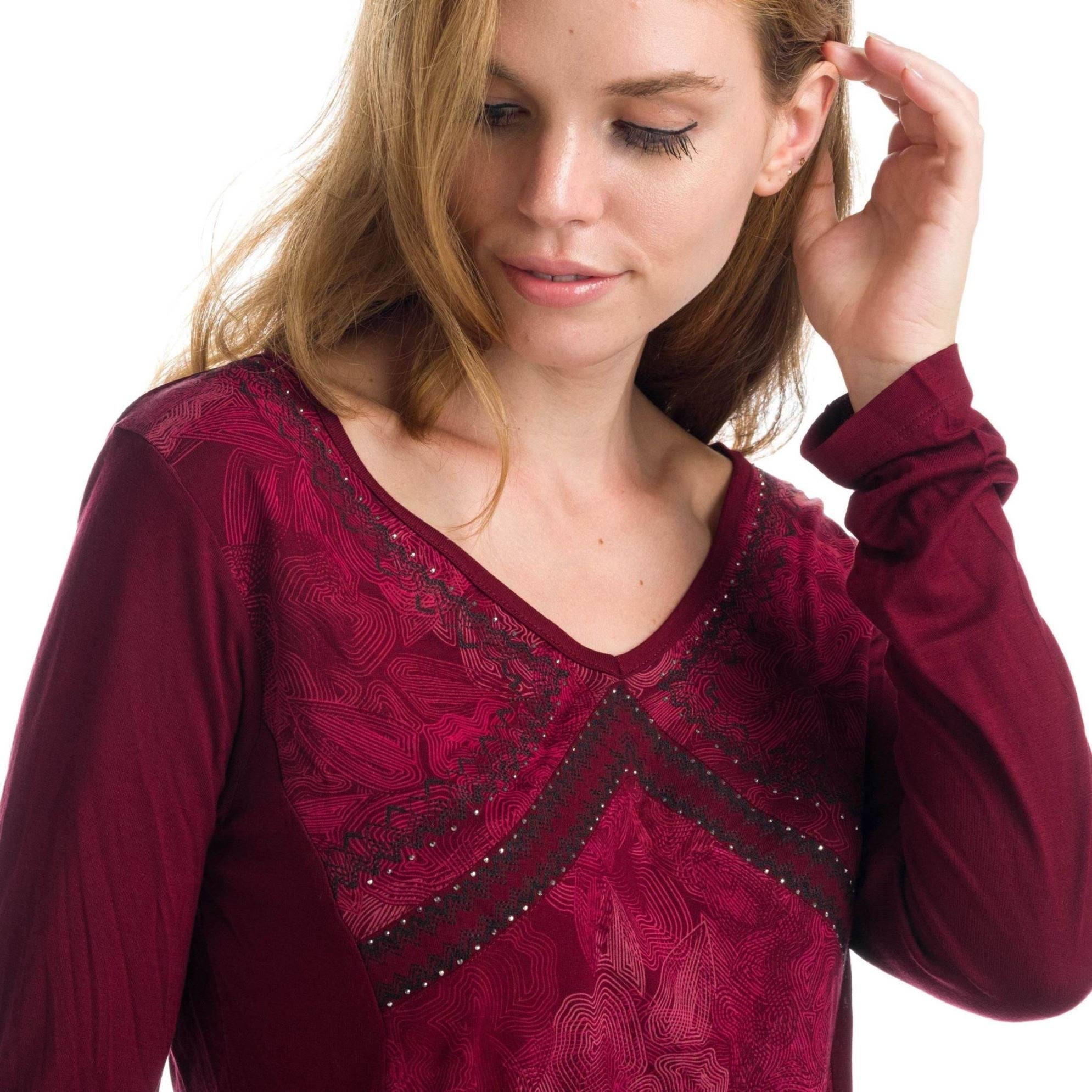 Camiseta Manga Larga Mujer Viscosa Escote Pico – Koroshi Granate