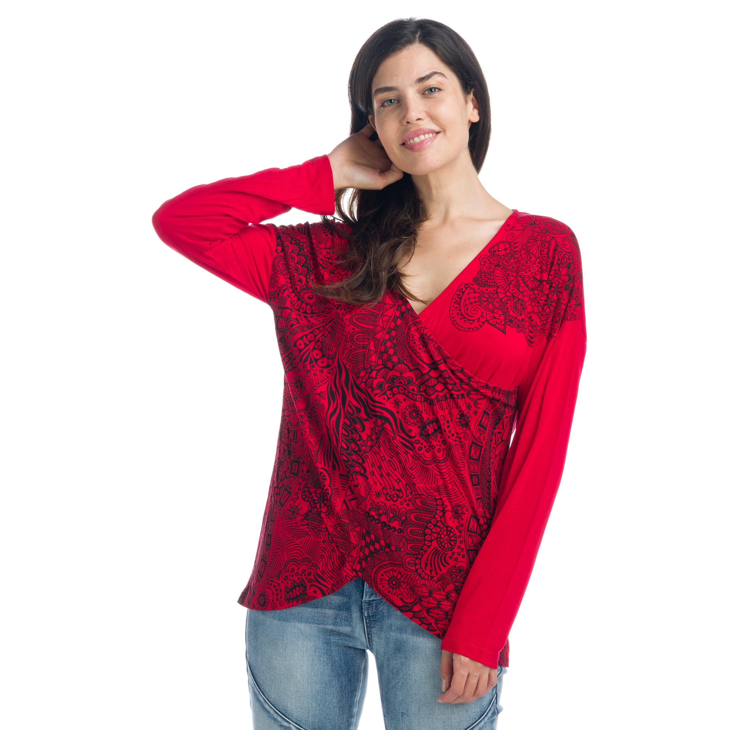 Camiseta Manga Larga Mujer Escote Pico Estampada – Koroshi 1922ML95