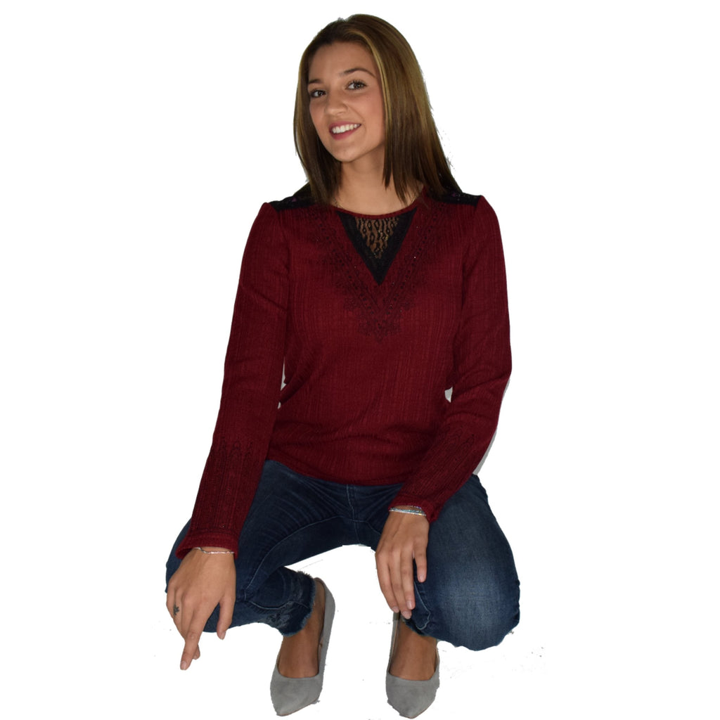 Camiseta Manga Larga Mujer Detalle Puntilla – Koroshi Granate