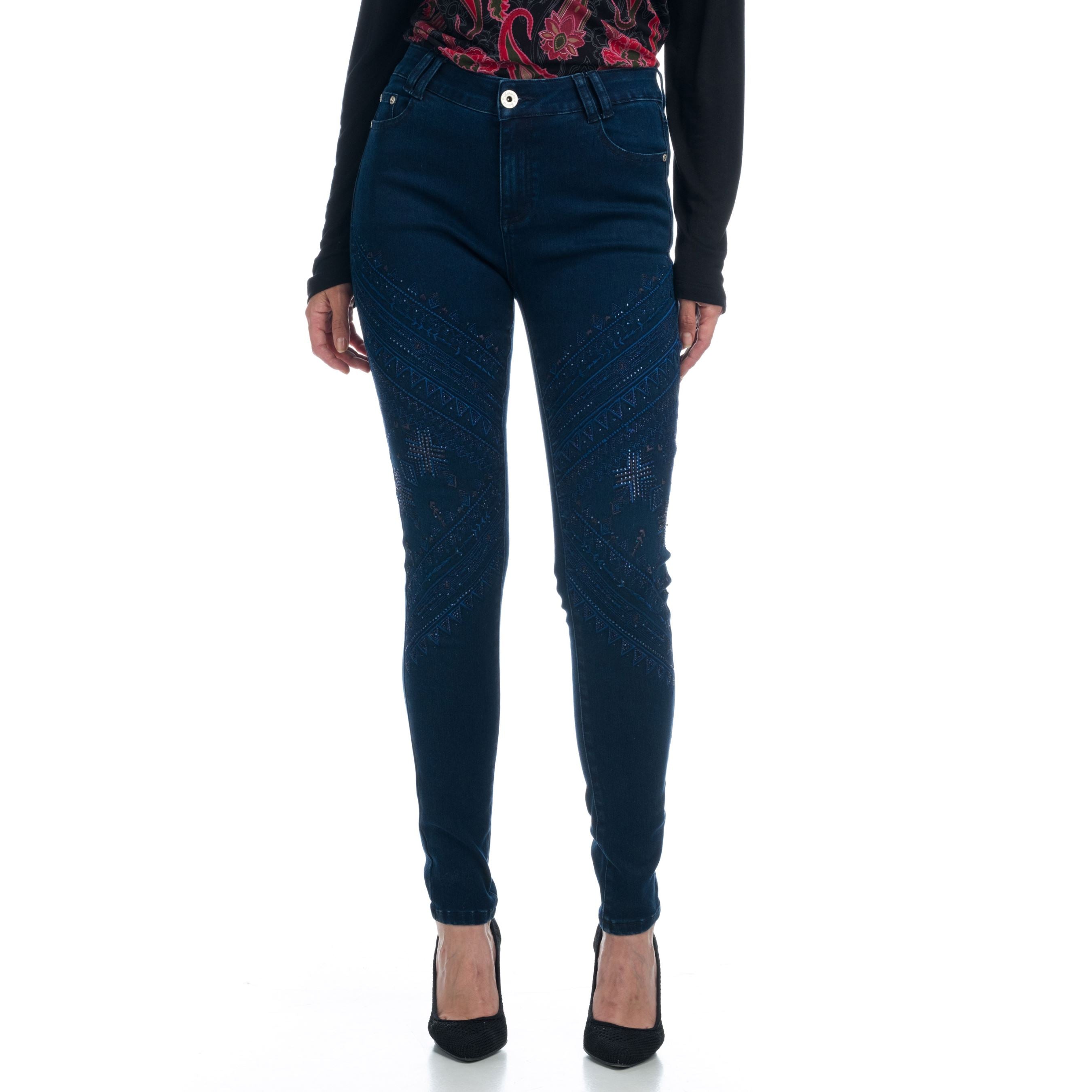 Pantalón Vaquero Mujer Bordados Geométricos – Koroshi Azul Oscuro