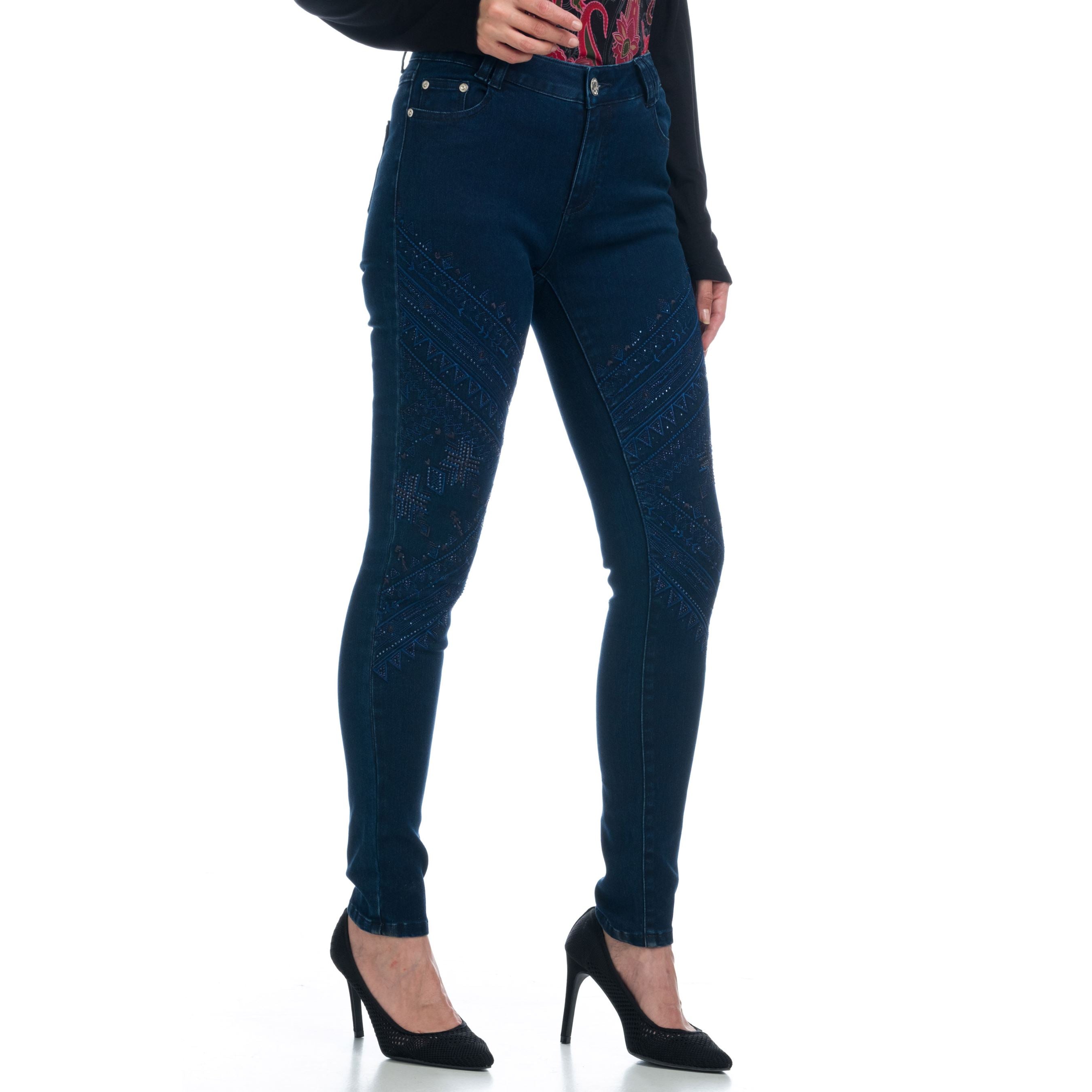 Pantalón Vaquero Mujer Bordados Geométricos – Koroshi Azul Oscuro