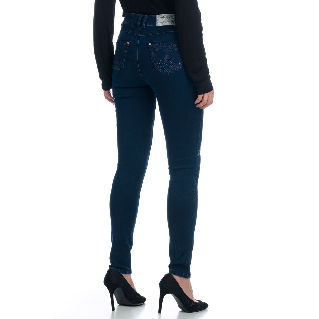 Pantalón Vaquero Mujer Bordados Geométricos – Koroshi Azul Oscuro