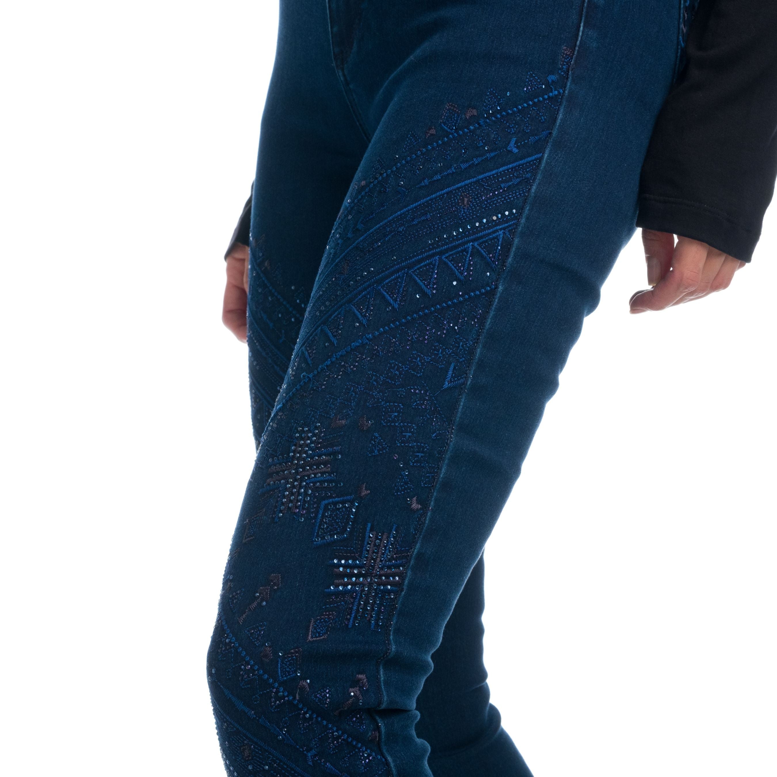 Pantalón Vaquero Mujer Bordados Geométricos – Koroshi Azul Oscuro