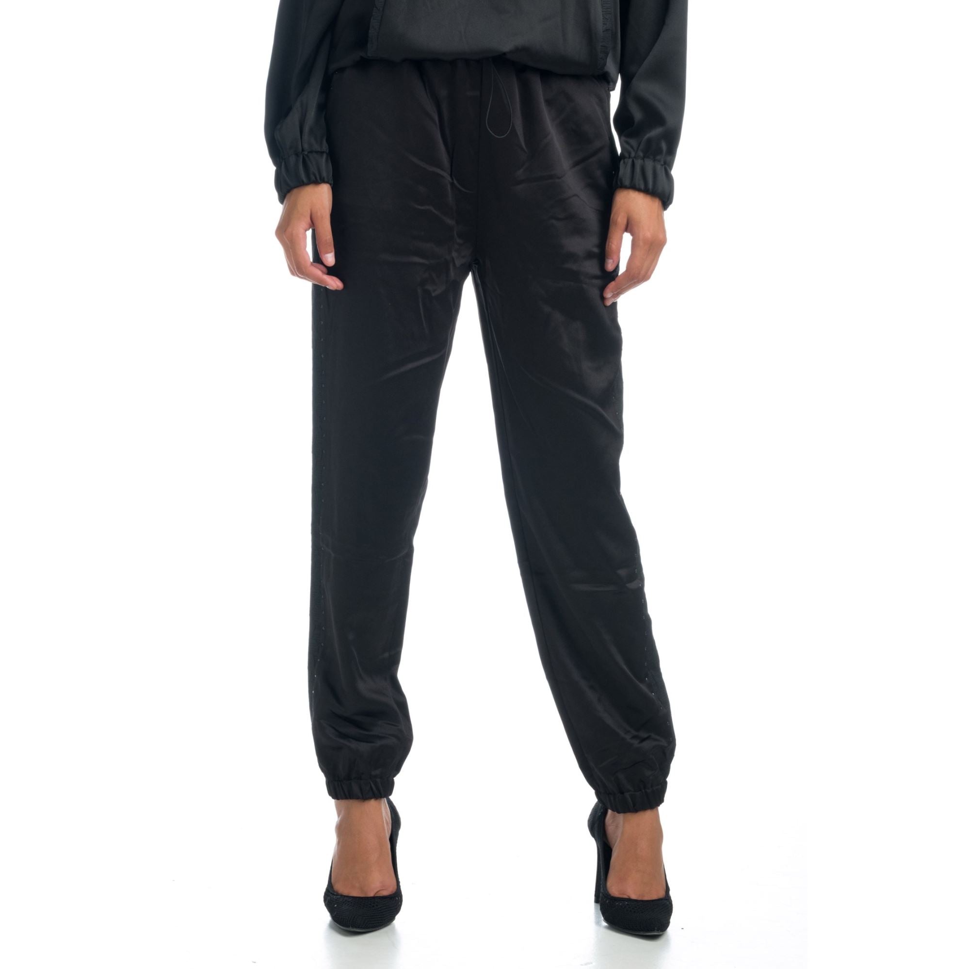 Pantalón Jogger de Satén Mujer con Brillantes Laterales – Koroshi Negro