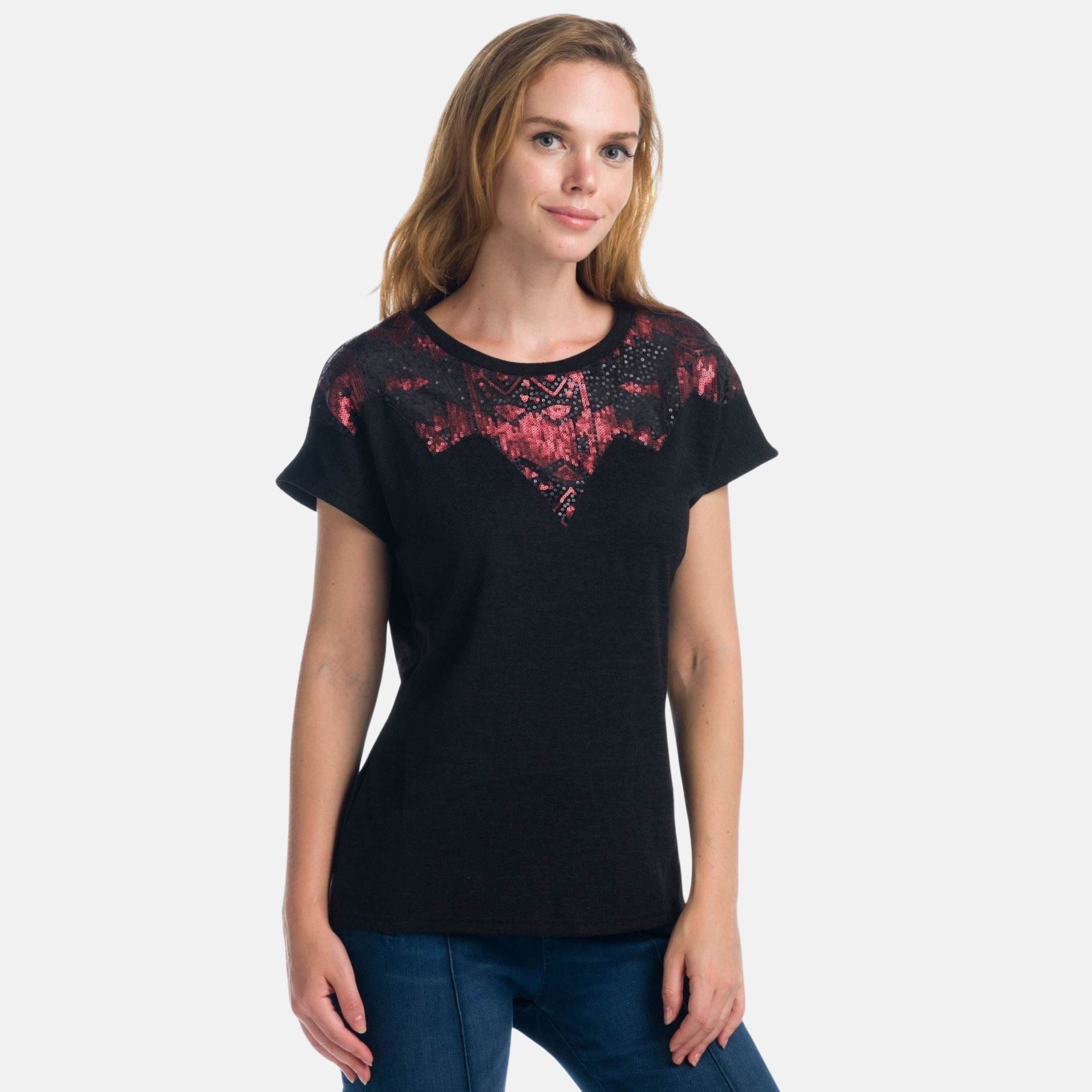 Top de Fiesta Mujer Manga Corta con Lentejuelas – Koroshi Negro