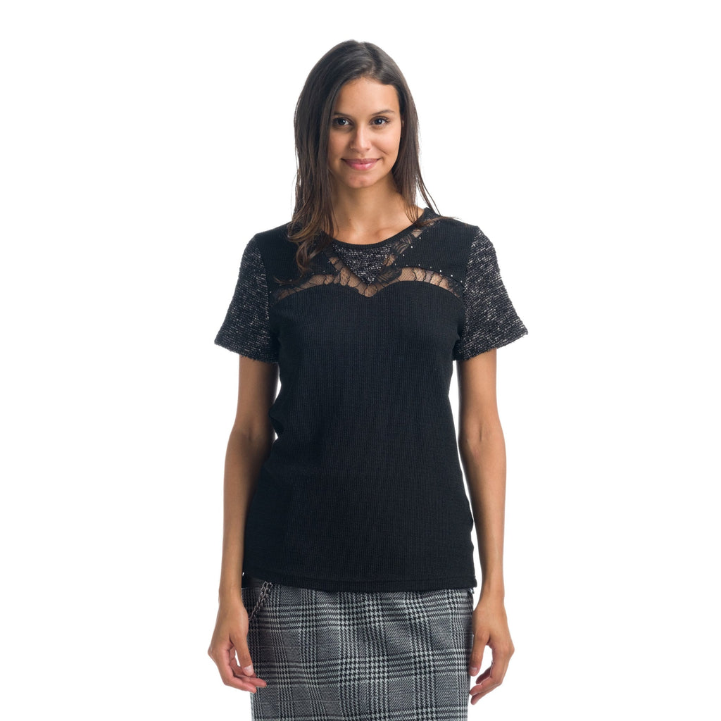Top Mujer Manga Corta con Blonda y Mangas de Tweed – Koroshi Negro