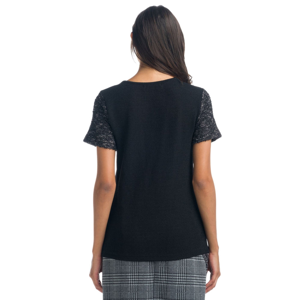Top Mujer Manga Corta con Blonda y Mangas de Tweed – Koroshi Negro