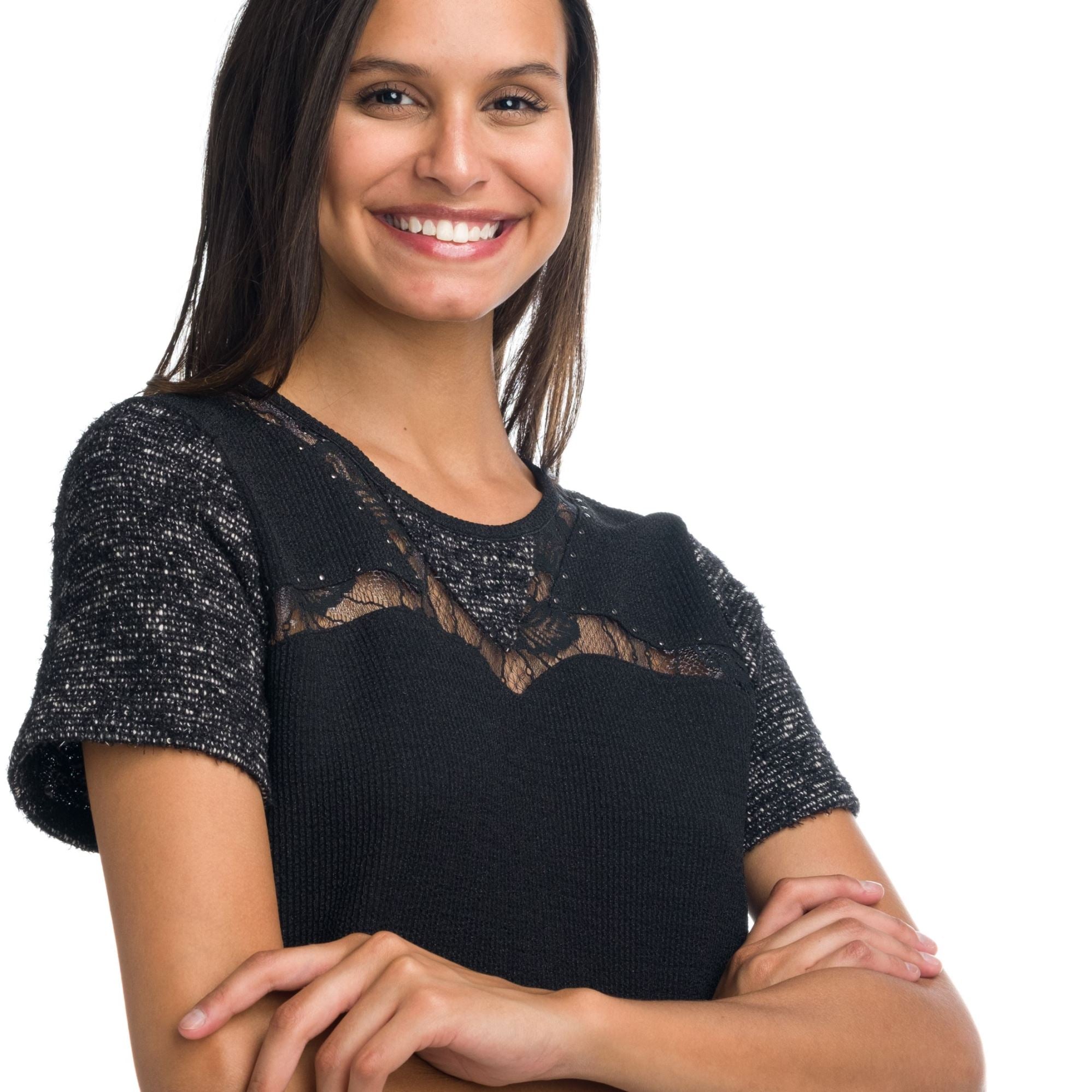 Top Mujer Manga Corta con Blonda y Mangas de Tweed – Koroshi Negro