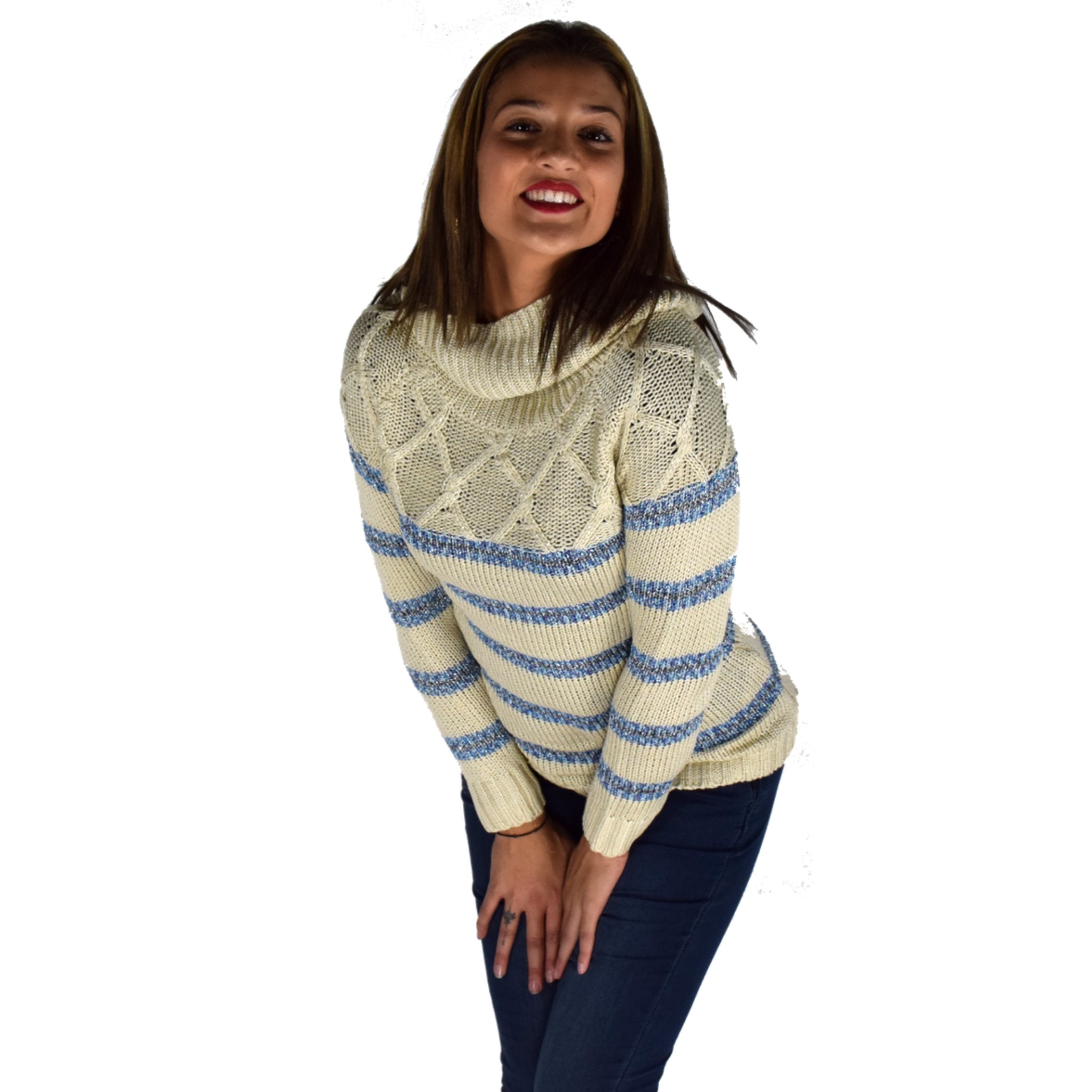 Jersey Mujer Punto Rayas Lurex Cuello Vuelto – Koroshi Crudo