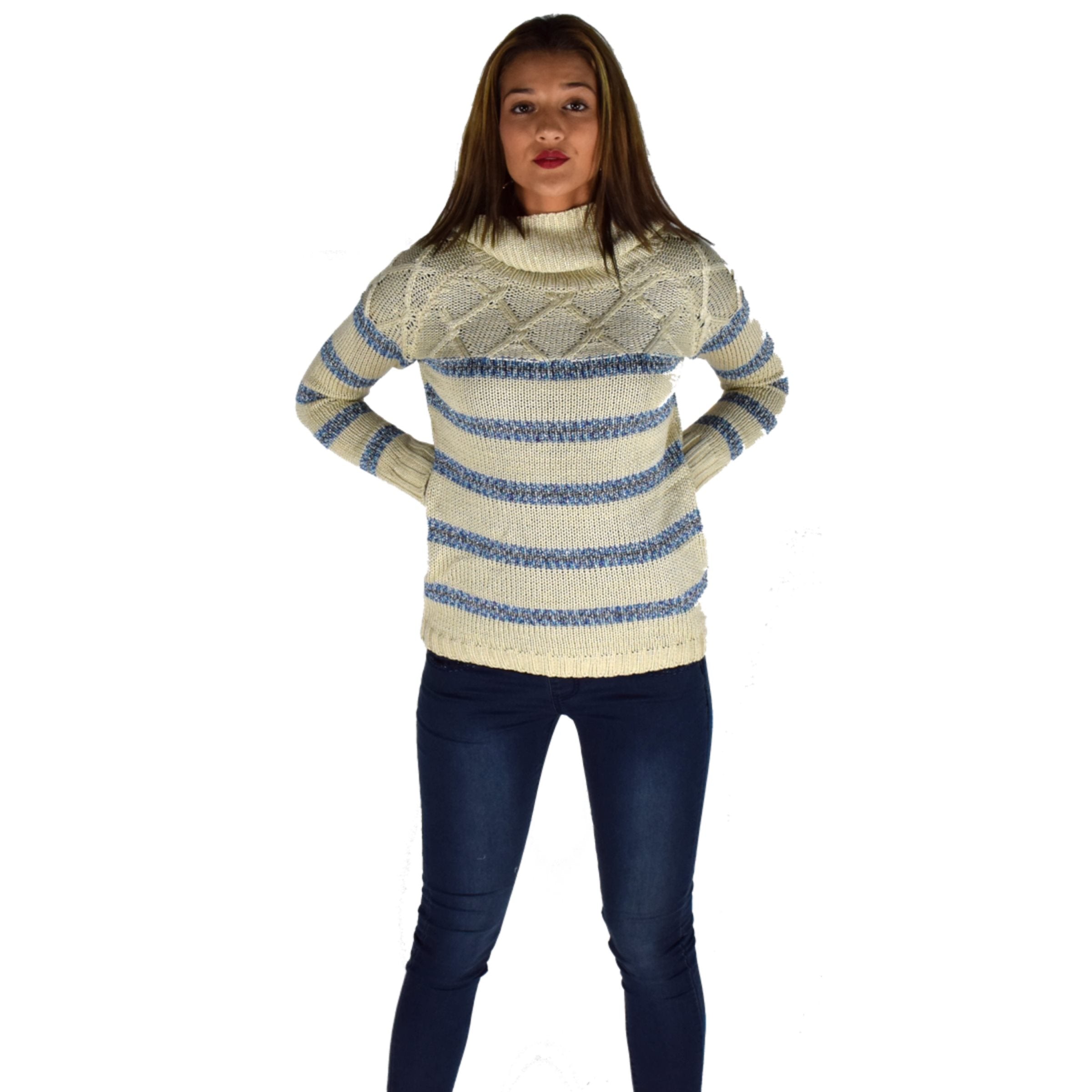 Jersey Mujer Punto Rayas Lurex Cuello Vuelto – Koroshi Crudo