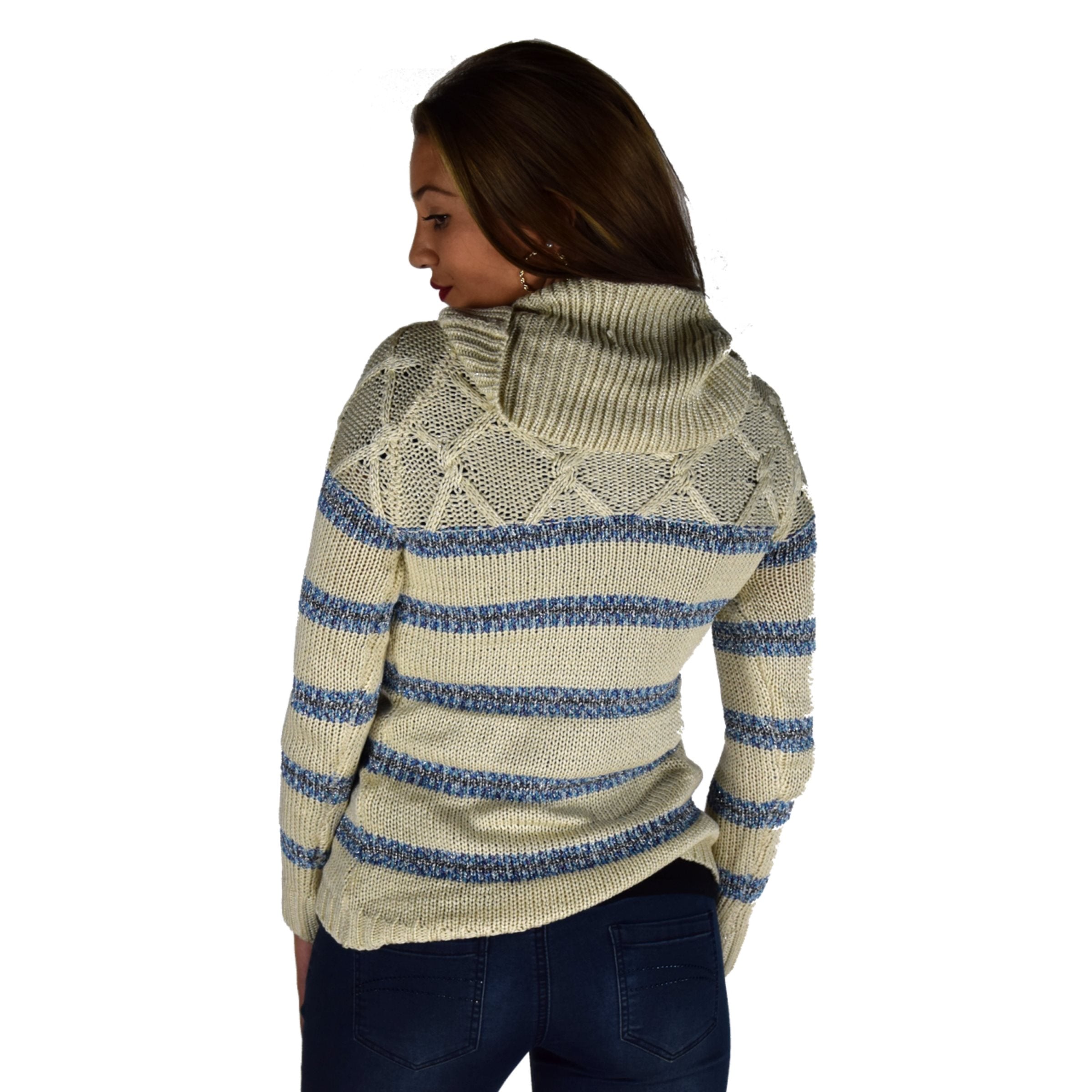 Jersey Mujer Punto Rayas Lurex Cuello Vuelto – Koroshi Crudo