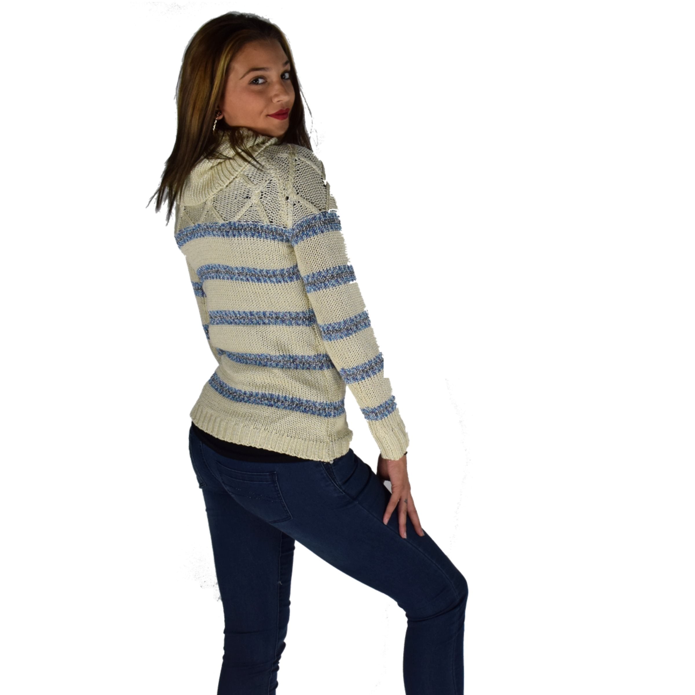 Jersey Mujer Punto Rayas Lurex Cuello Vuelto – Koroshi Crudo