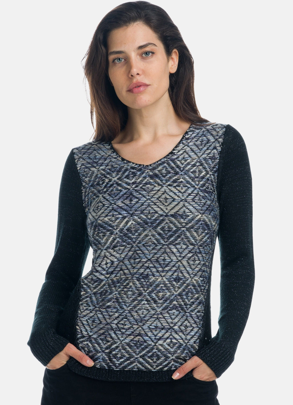 Jersey Mujer Jacquard Geométrico Cuello Pico – Koroshi Negro