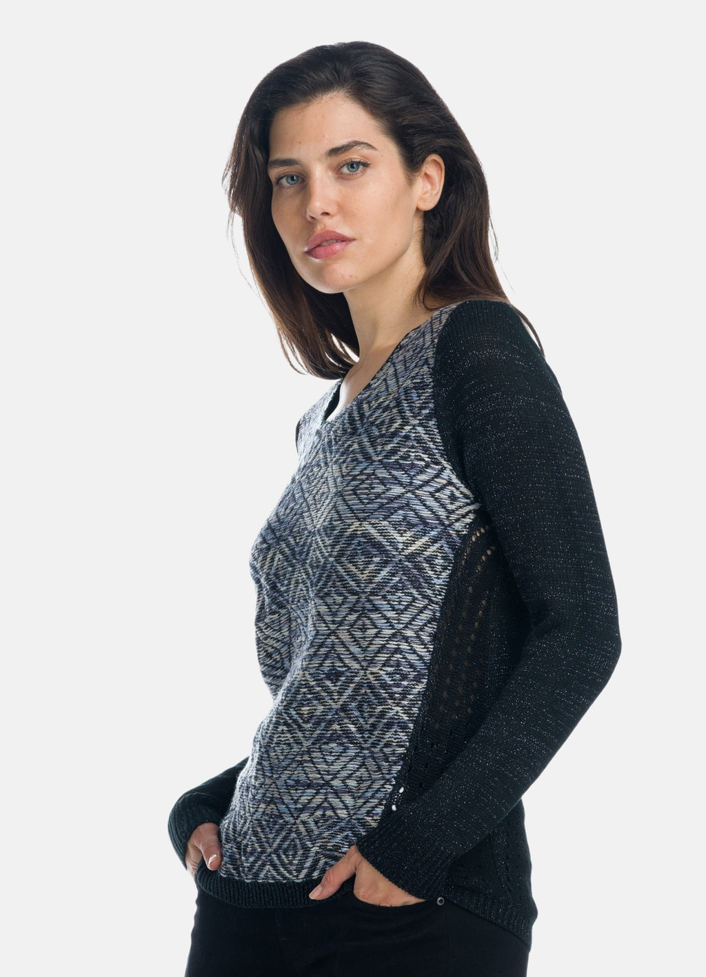Jersey Mujer Jacquard Geométrico Cuello Pico – Koroshi Negro
