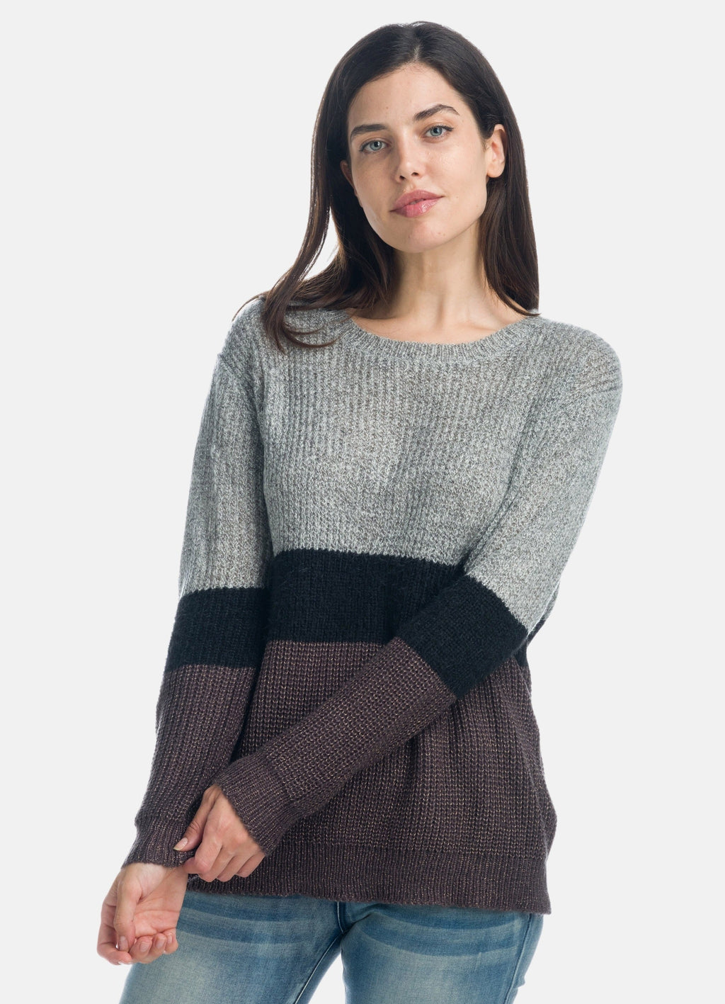 Jersey de Punto Canalé Mujer con Rayas en Bloques – Koroshi Gris