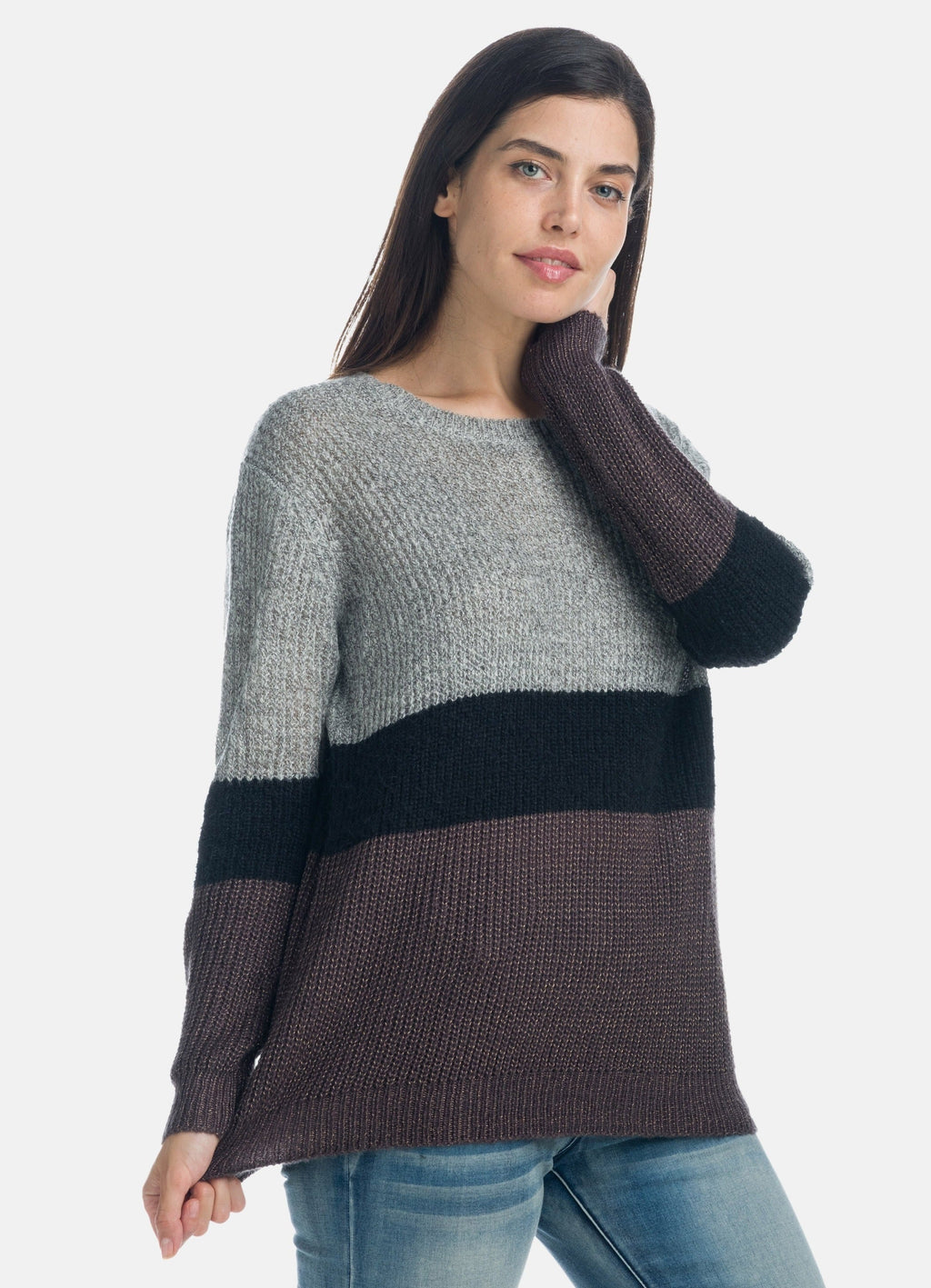 Jersey de Punto Canalé Mujer con Rayas en Bloques – Koroshi Gris