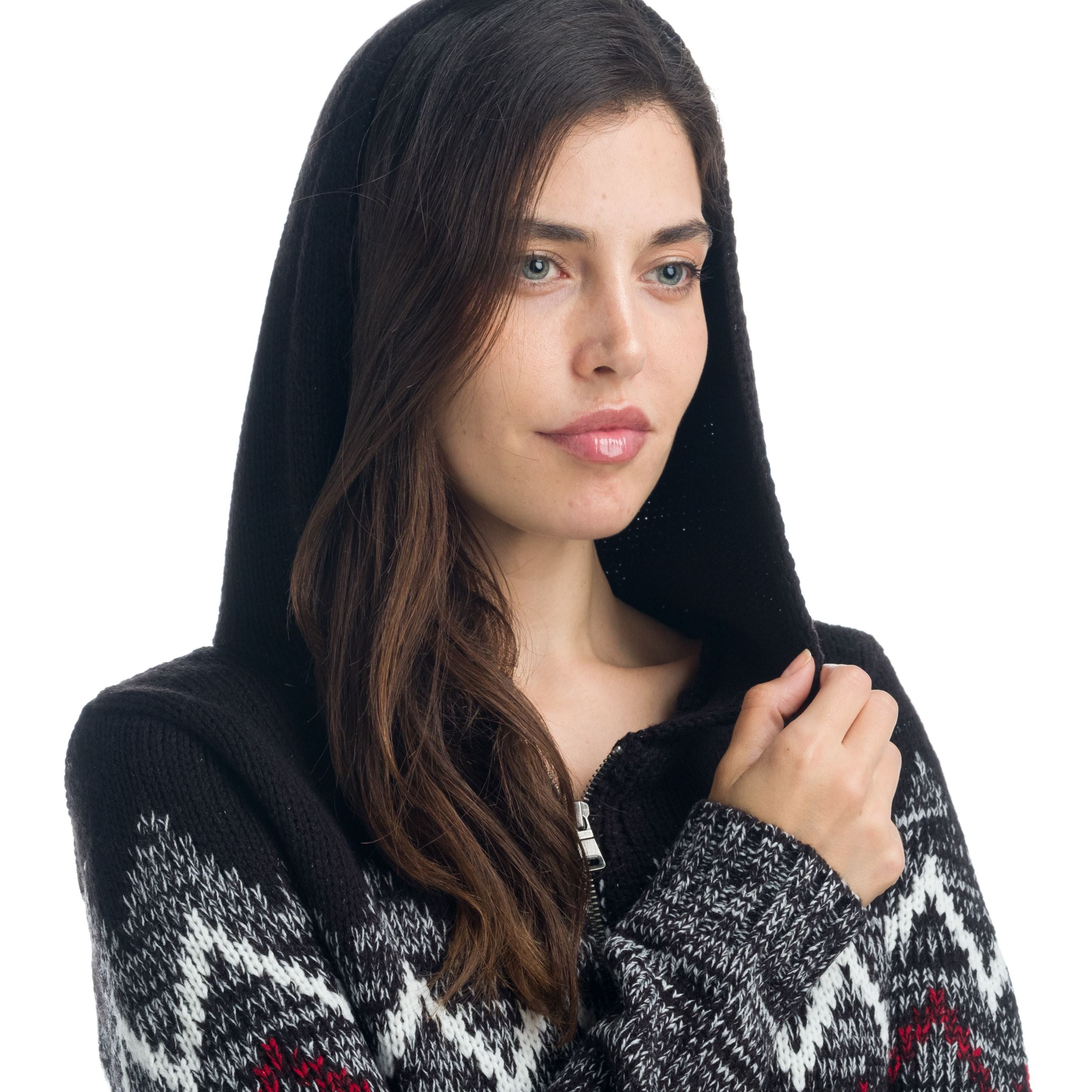 Chaqueta de Punto Mujer con Capucha Estampado Zig Zag – Koroshi Negro
