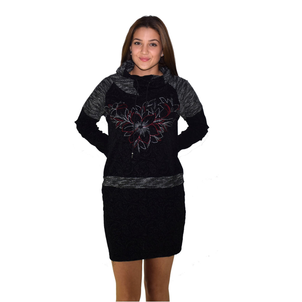 Vestido Mujer Manga Larga Estampado Flock con Bordado – Koroshi Negro