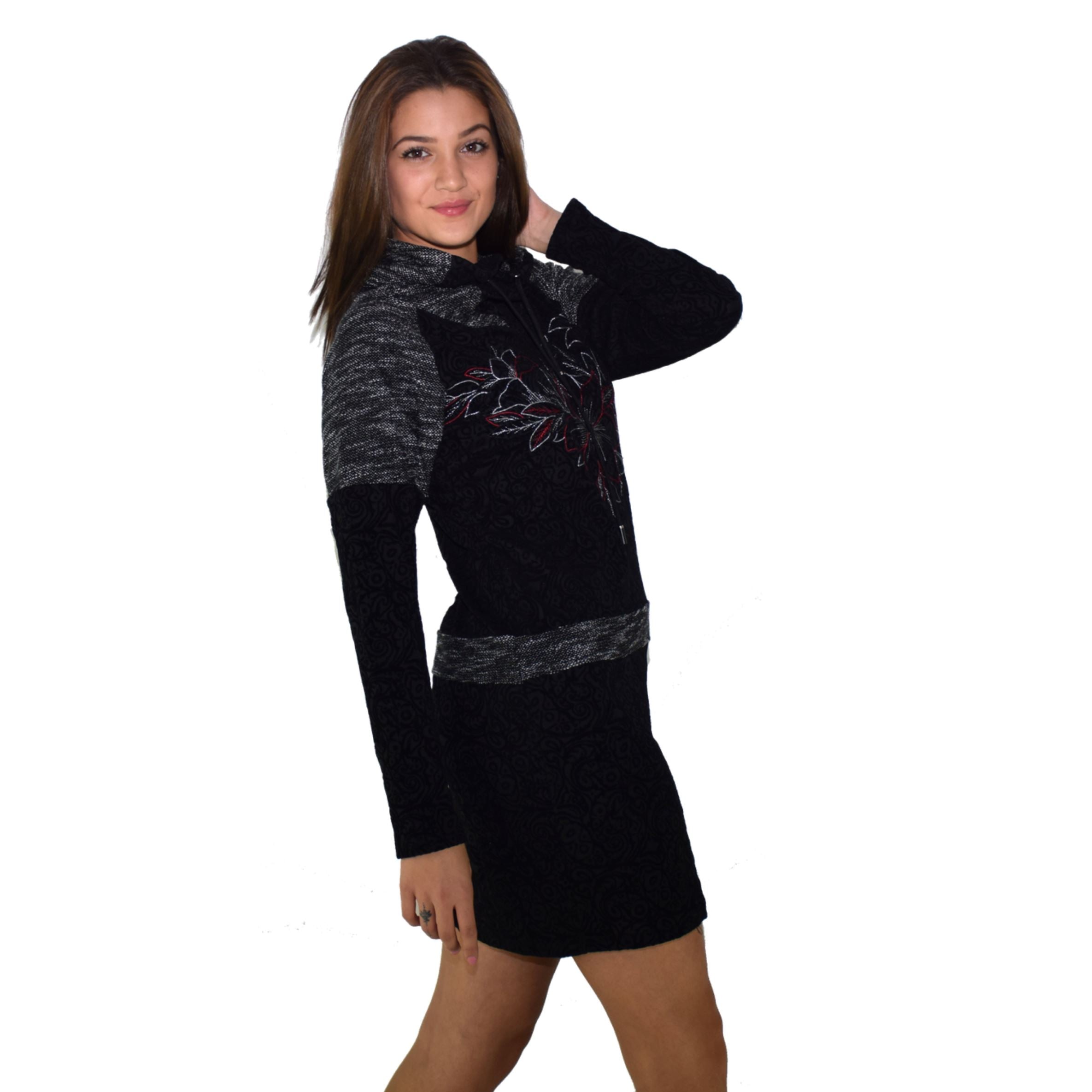 Vestido Mujer Manga Larga Estampado Flock con Bordado – Koroshi Negro