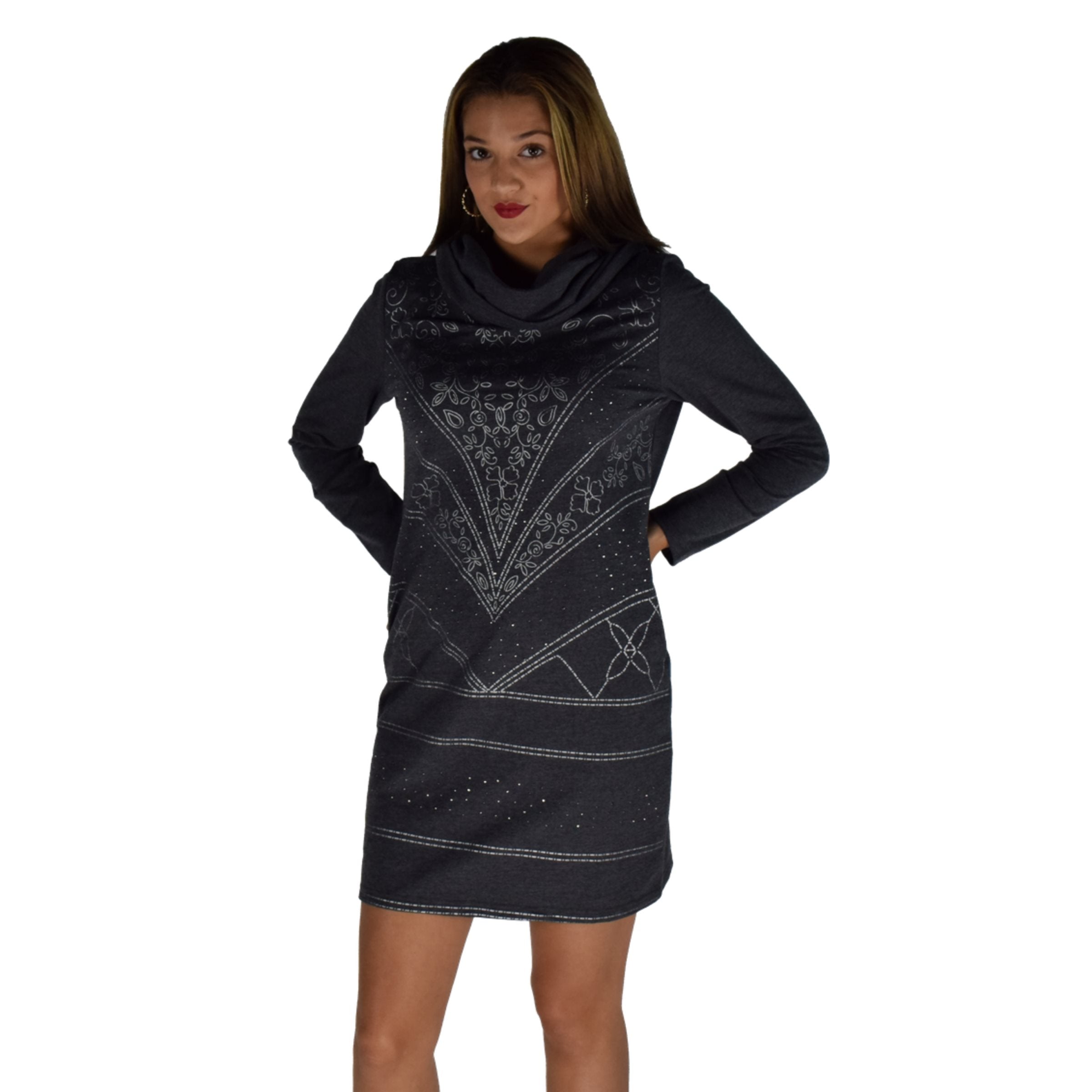 Vestido Mujer Jaspeado Cuello Vuelto Foil – Koroshi Gris
