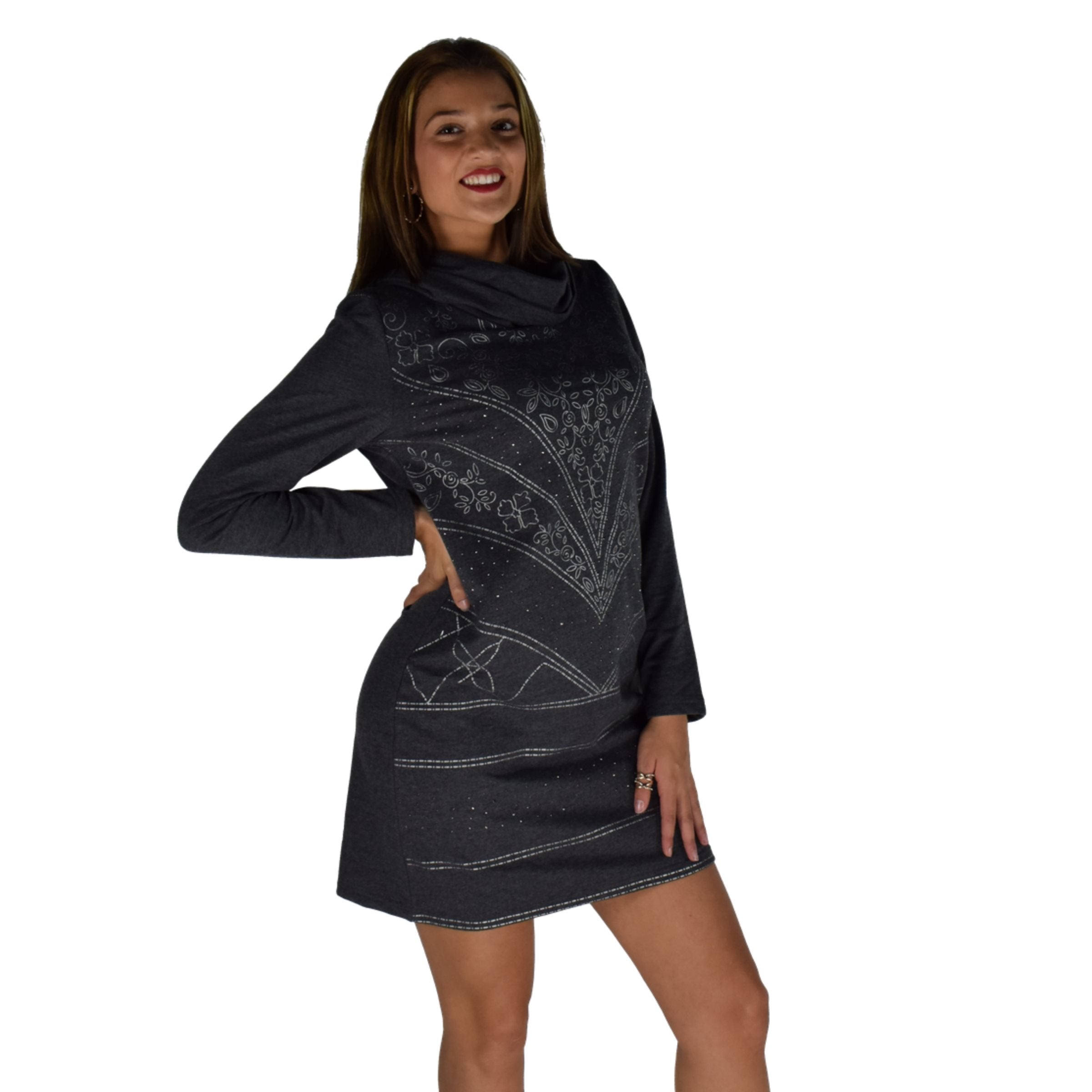 Vestido Mujer Jaspeado Cuello Vuelto Foil – Koroshi Gris
