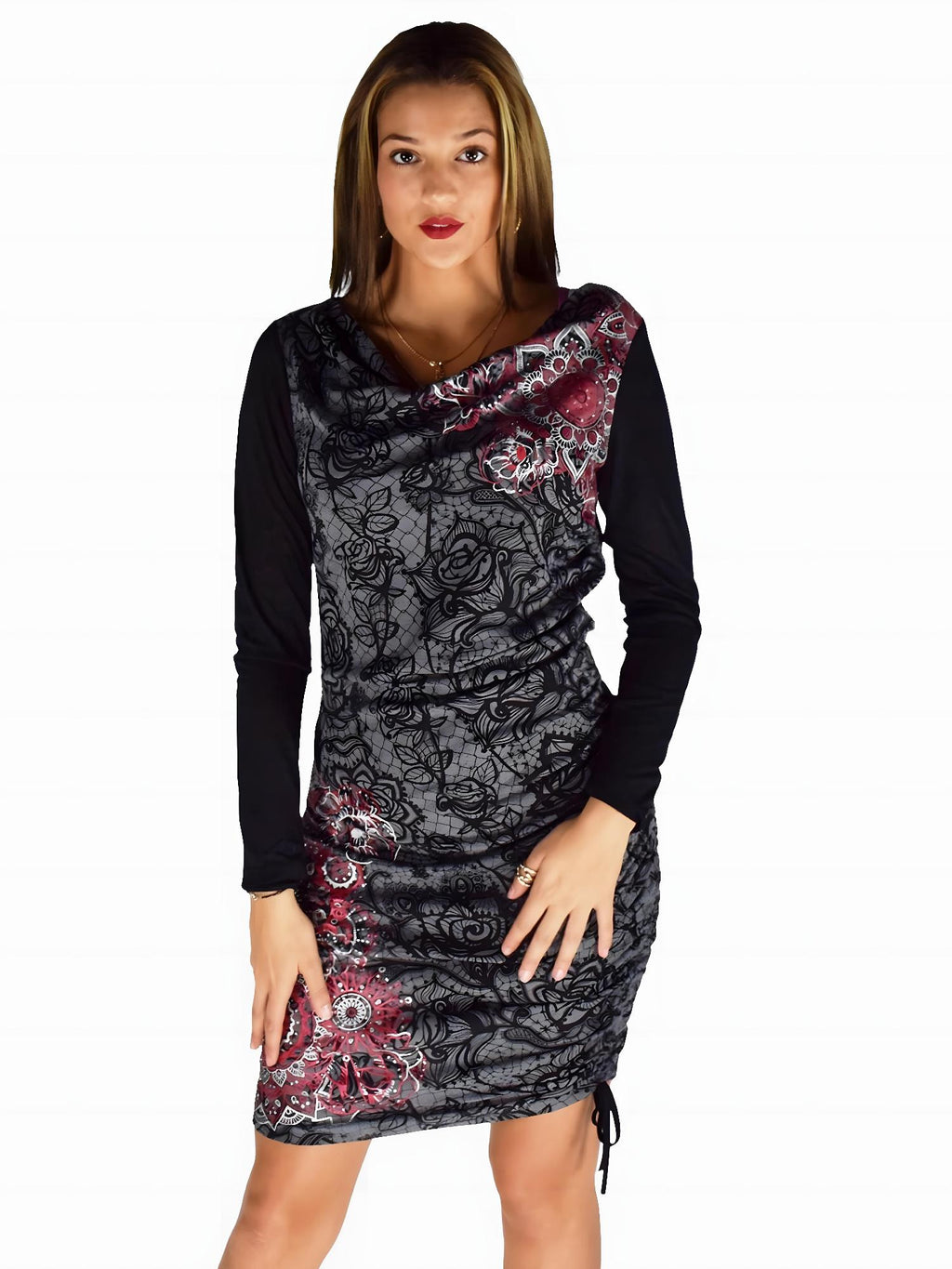 Vestido Mujer Estampado Escote Drapeado Fruncido – Koroshi Gris