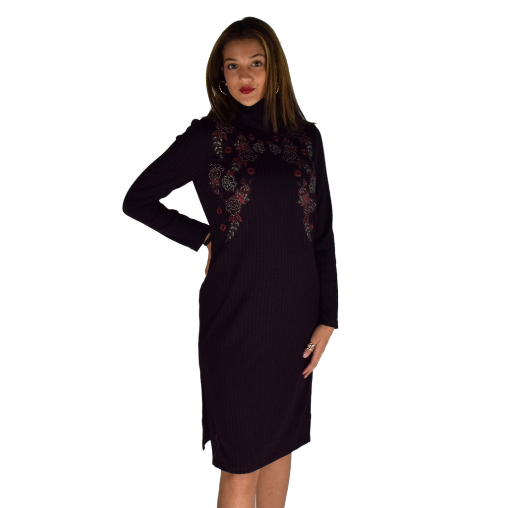 Vestido Mujer Punto Burdeos Bordado Flores – Koroshi 1922VS22