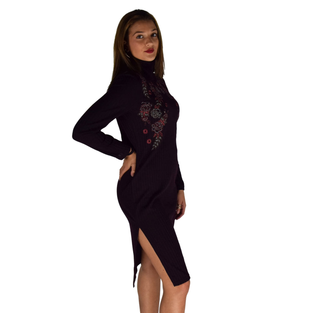 Vestido Mujer Punto Burdeos Bordado Flores – Koroshi 1922VS22