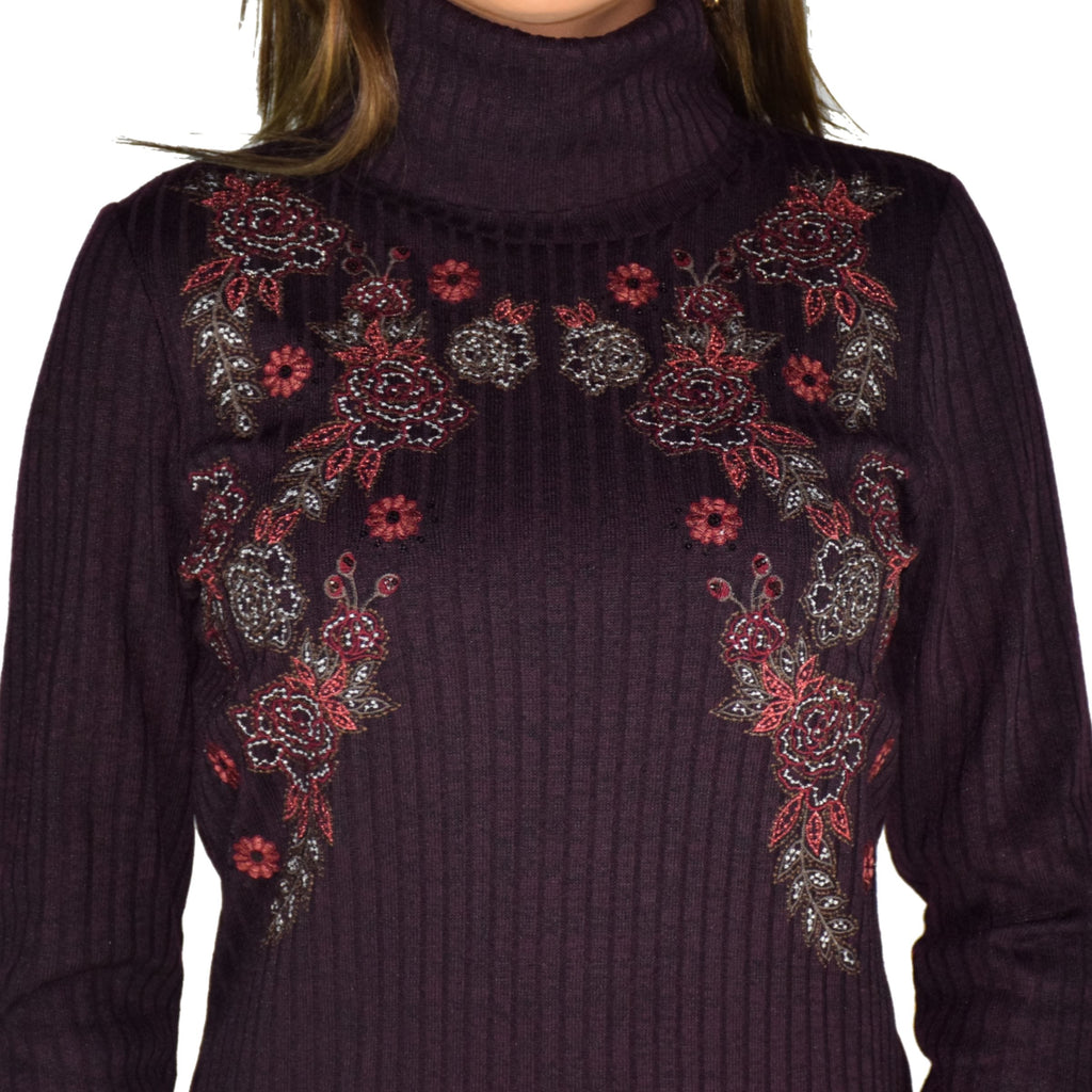 Vestido Mujer Punto Burdeos Bordado Flores – Koroshi 1922VS22