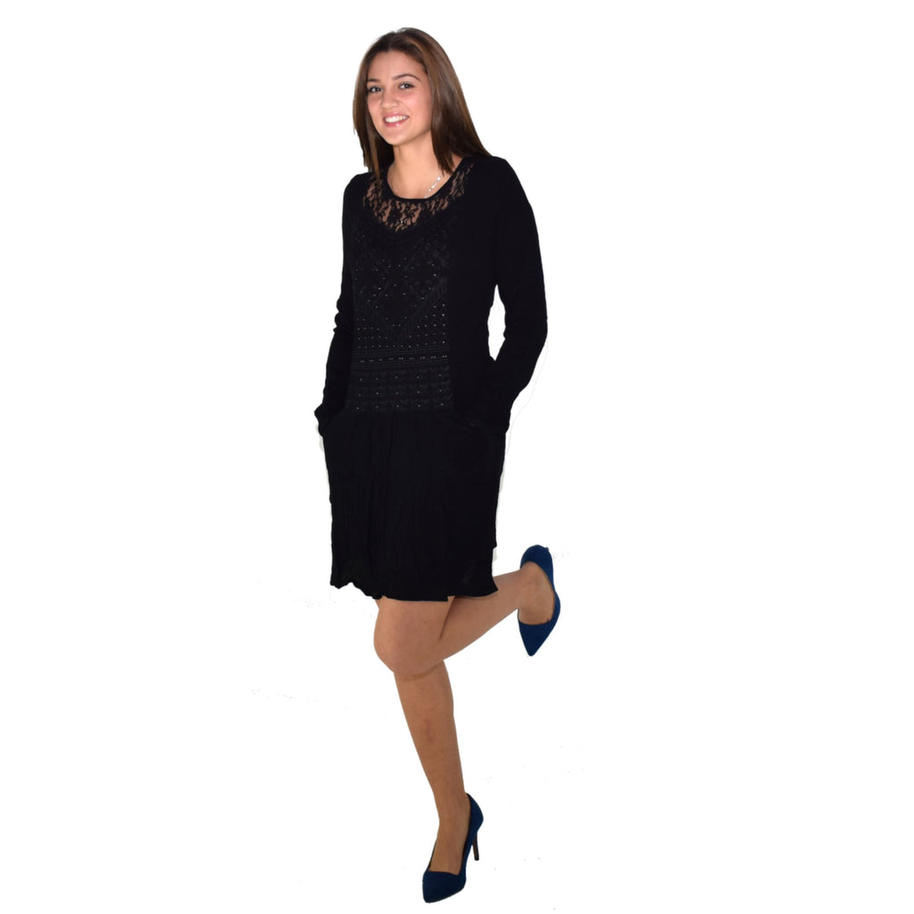 Vestido Mujer de Bámbula con Blonda Manga Larga – Koroshi Negro