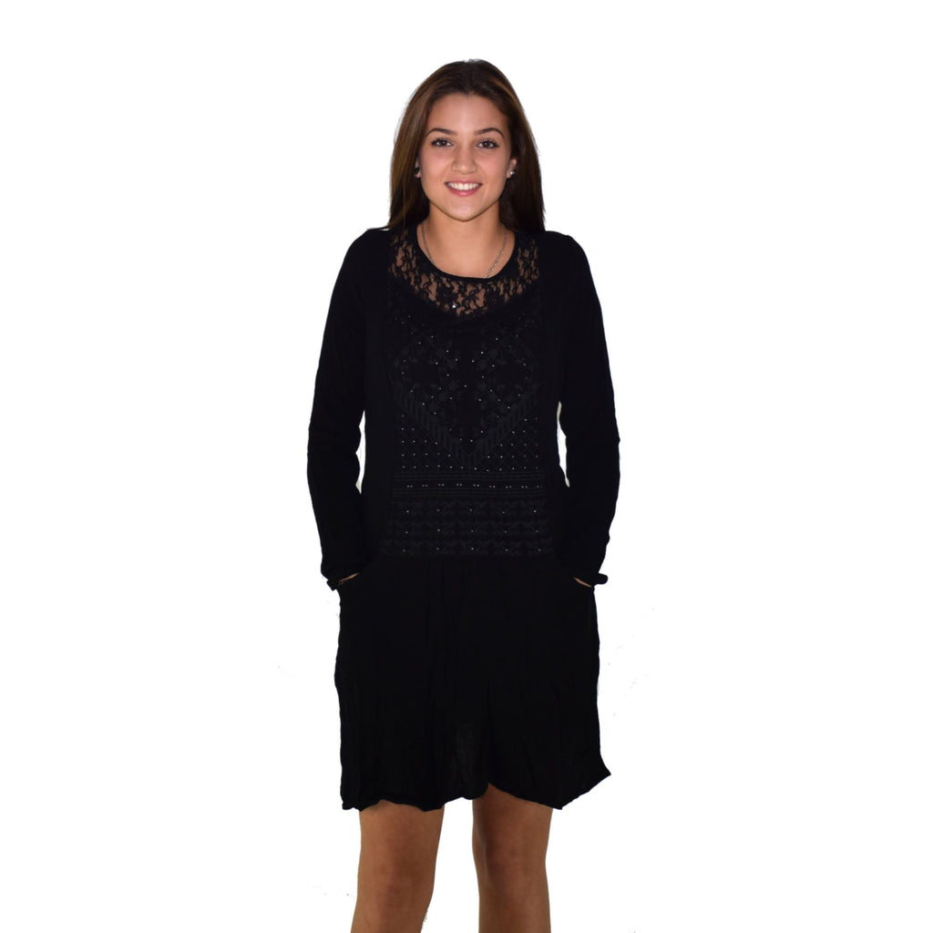 Vestido Mujer de Bámbula con Blonda Manga Larga – Koroshi Negro