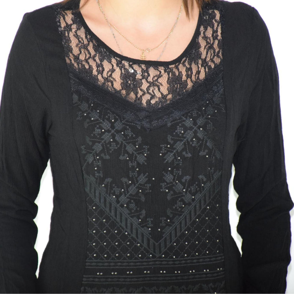 Vestido Mujer de Bámbula con Blonda Manga Larga – Koroshi Negro