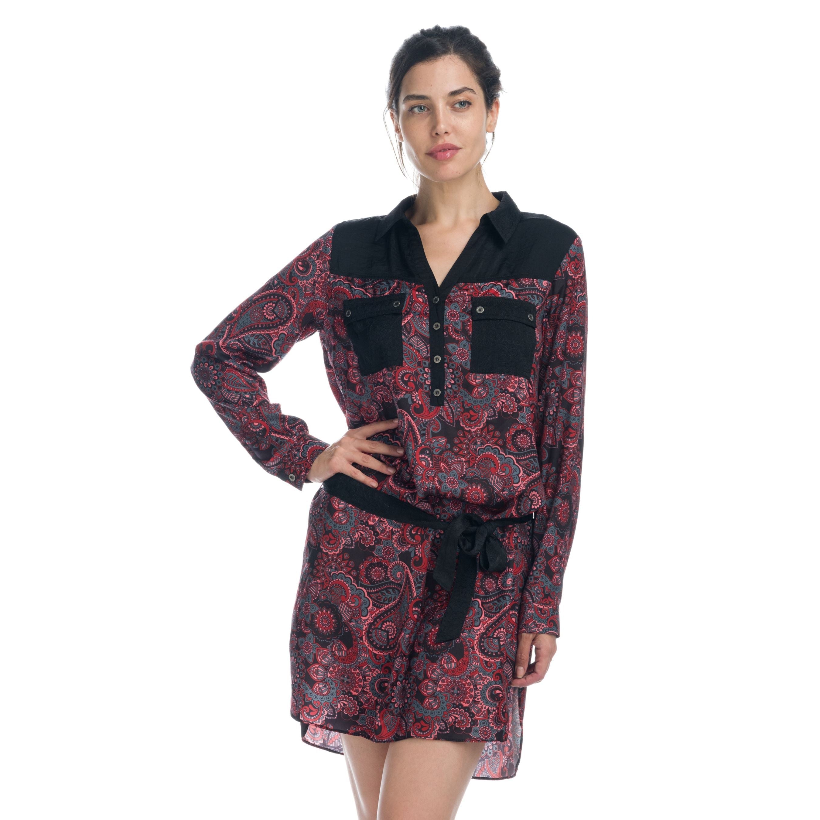 Vestido Camisero Mujer Estampado Manga Larga – Koroshi Negro
