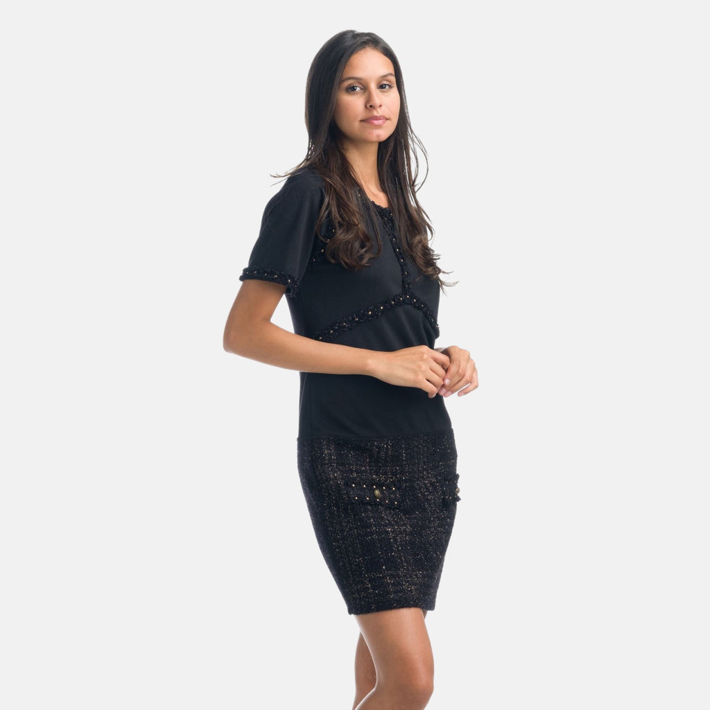 Vestido Mujer de Punto y Tweed con Lurex Manga Corta – Koroshi Negro