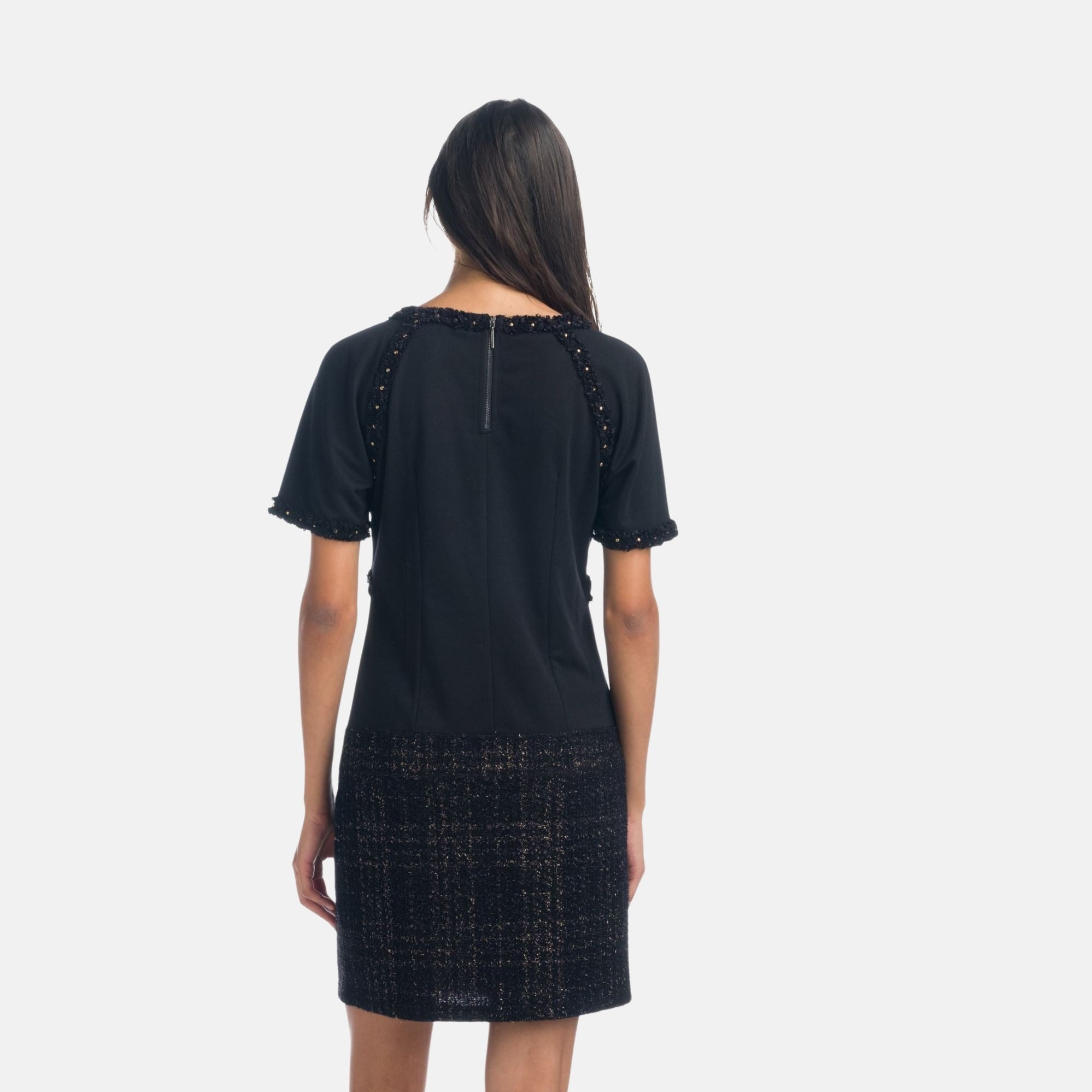 Vestido Mujer de Punto y Tweed con Lurex Manga Corta – Koroshi Negro