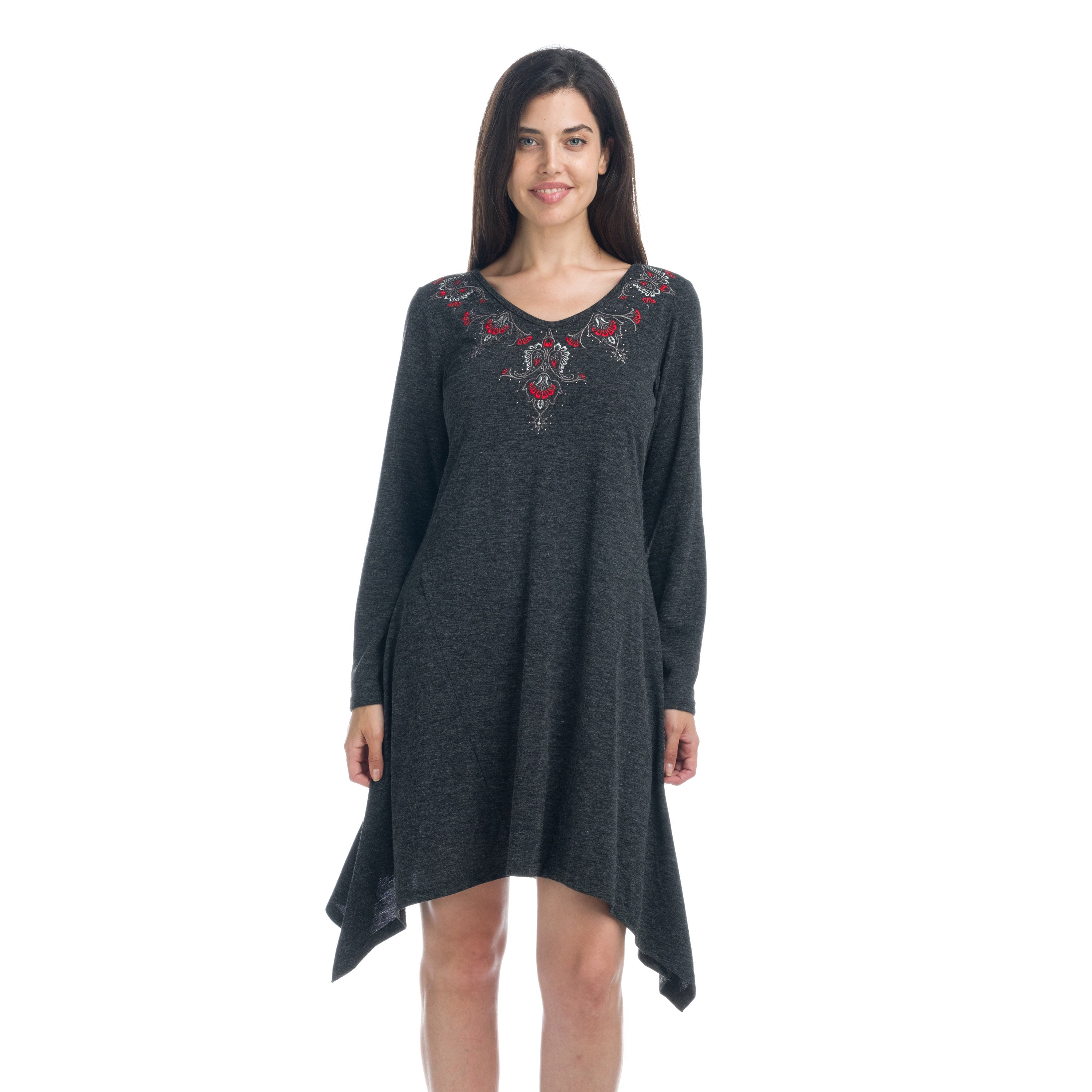 Vestido Mujer Jaspeado con Bordado y Bajo Asimétrico – Koroshi Negro