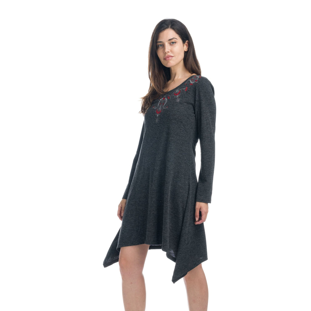 Vestido Mujer Jaspeado con Bordado y Bajo Asimétrico – Koroshi Negro