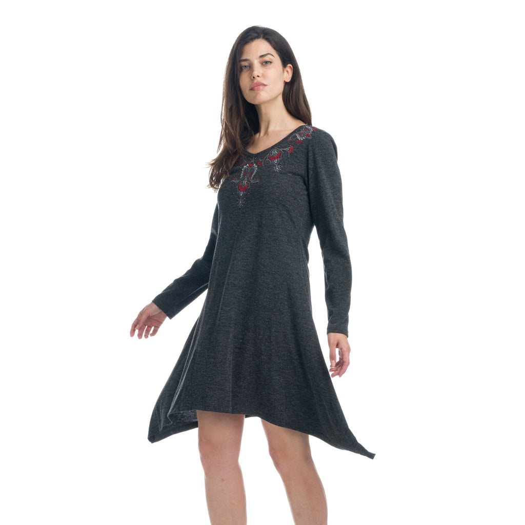 Vestido Mujer Jaspeado con Bordado y Bajo Asimétrico – Koroshi Negro