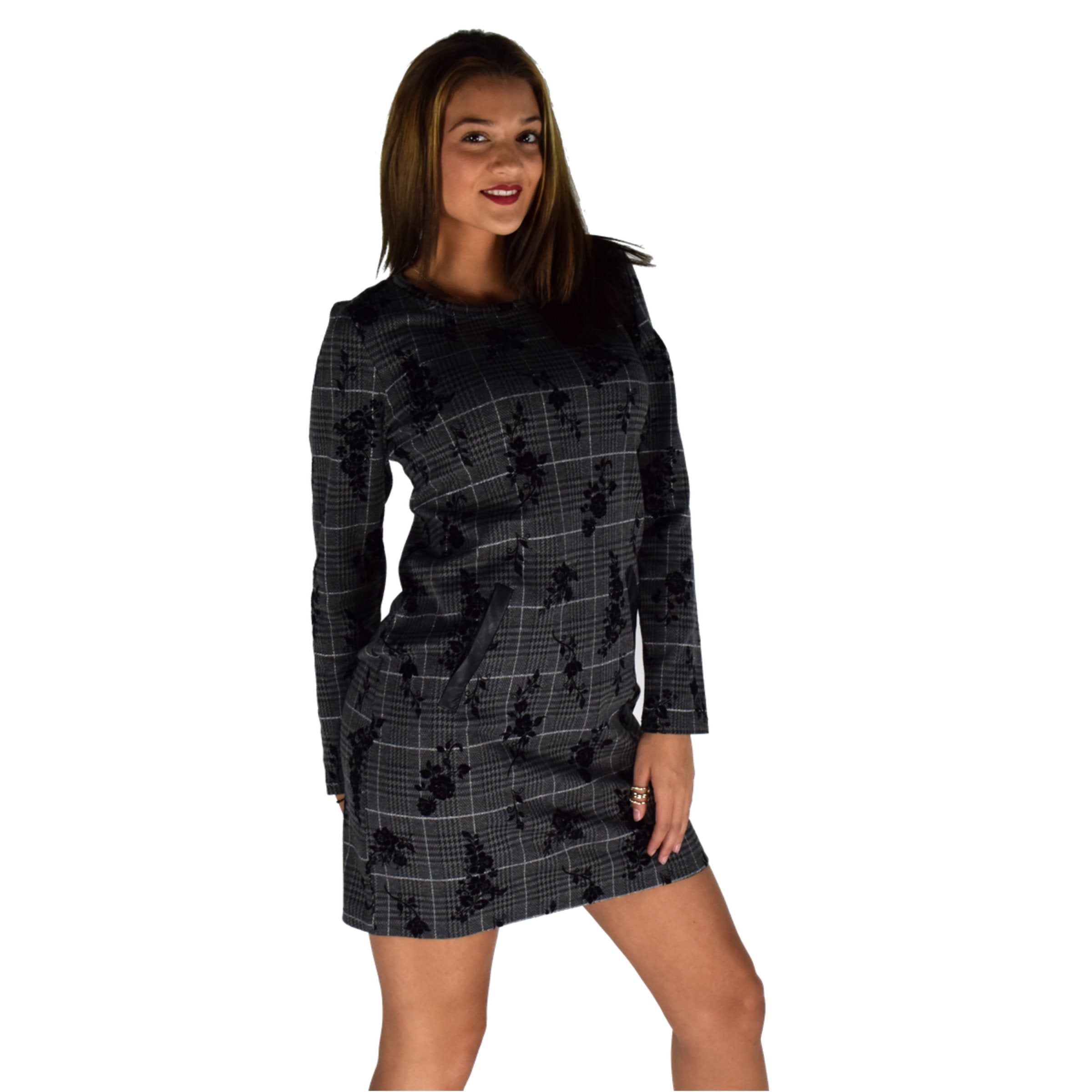 Vestido de Cuadros Mujer con Flores en Flock y Lurex – Koroshi Negro