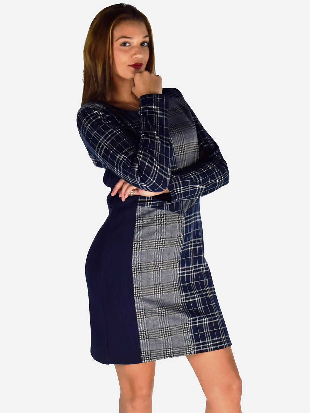 Vestido de Cuadros Mujer Entubado con Cortes a Contraste – Koroshi Azul Marino