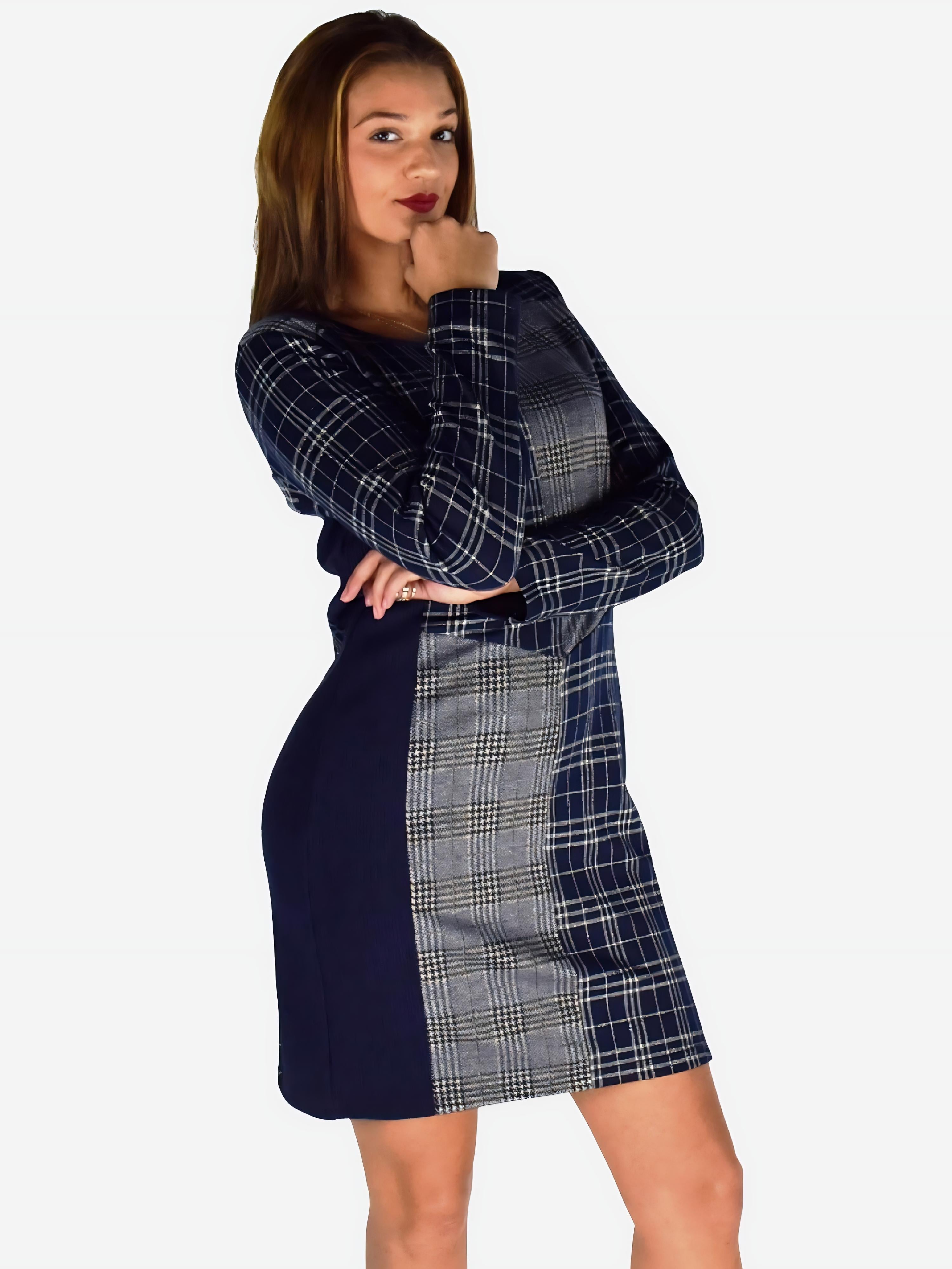 Vestido de Cuadros Mujer Entubado con Cortes a Contraste – Koroshi Azul Marino