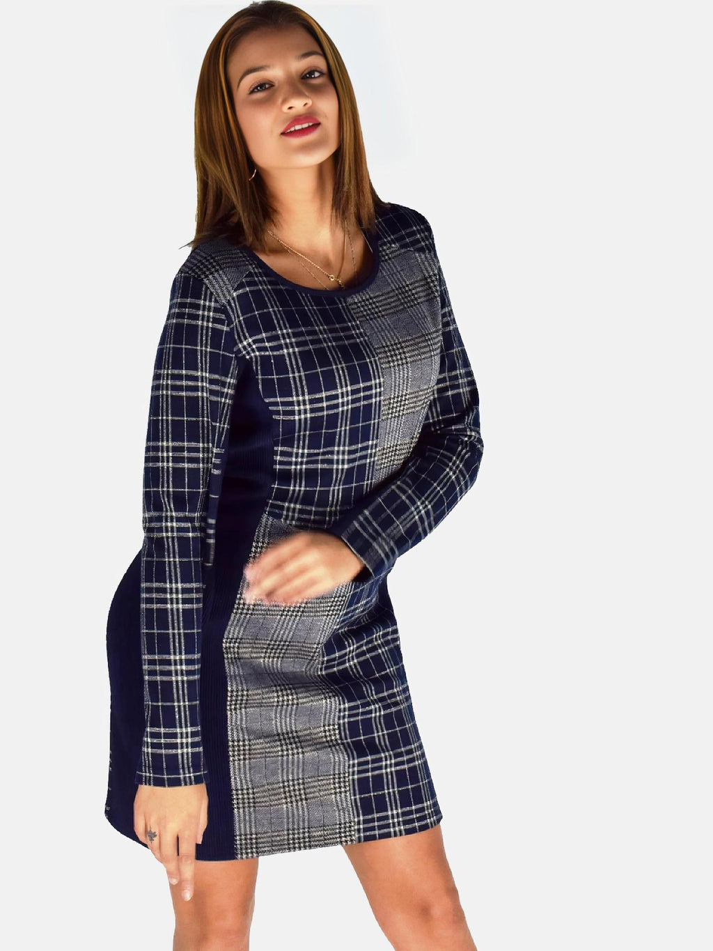Vestido de Cuadros Mujer Entubado con Cortes a Contraste – Koroshi Azul Marino
