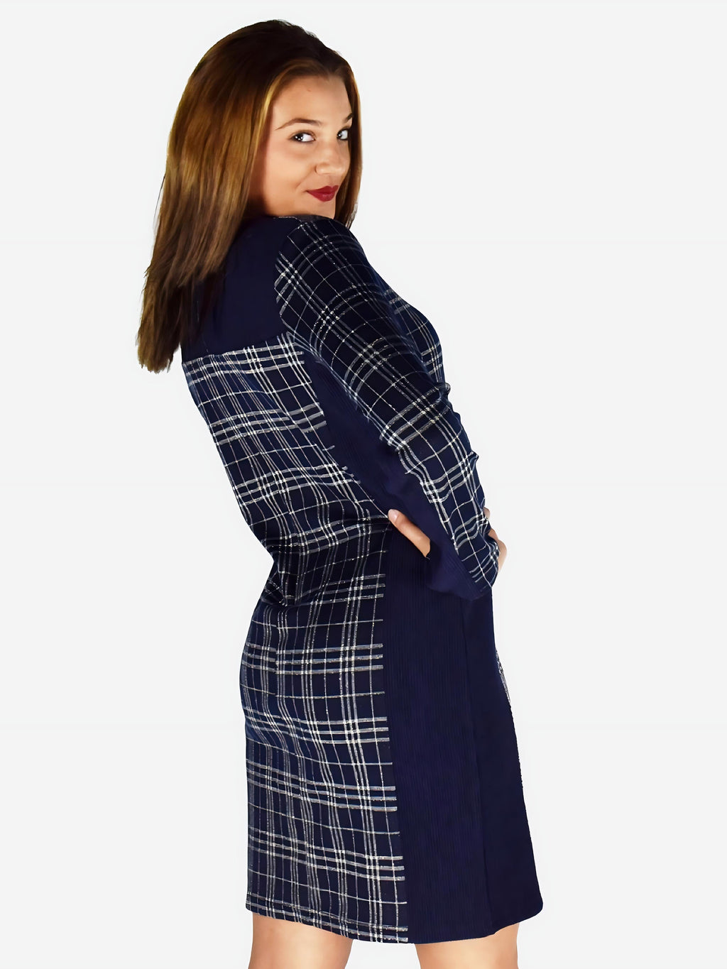 Vestido de Cuadros Mujer Entubado con Cortes a Contraste – Koroshi Azul Marino