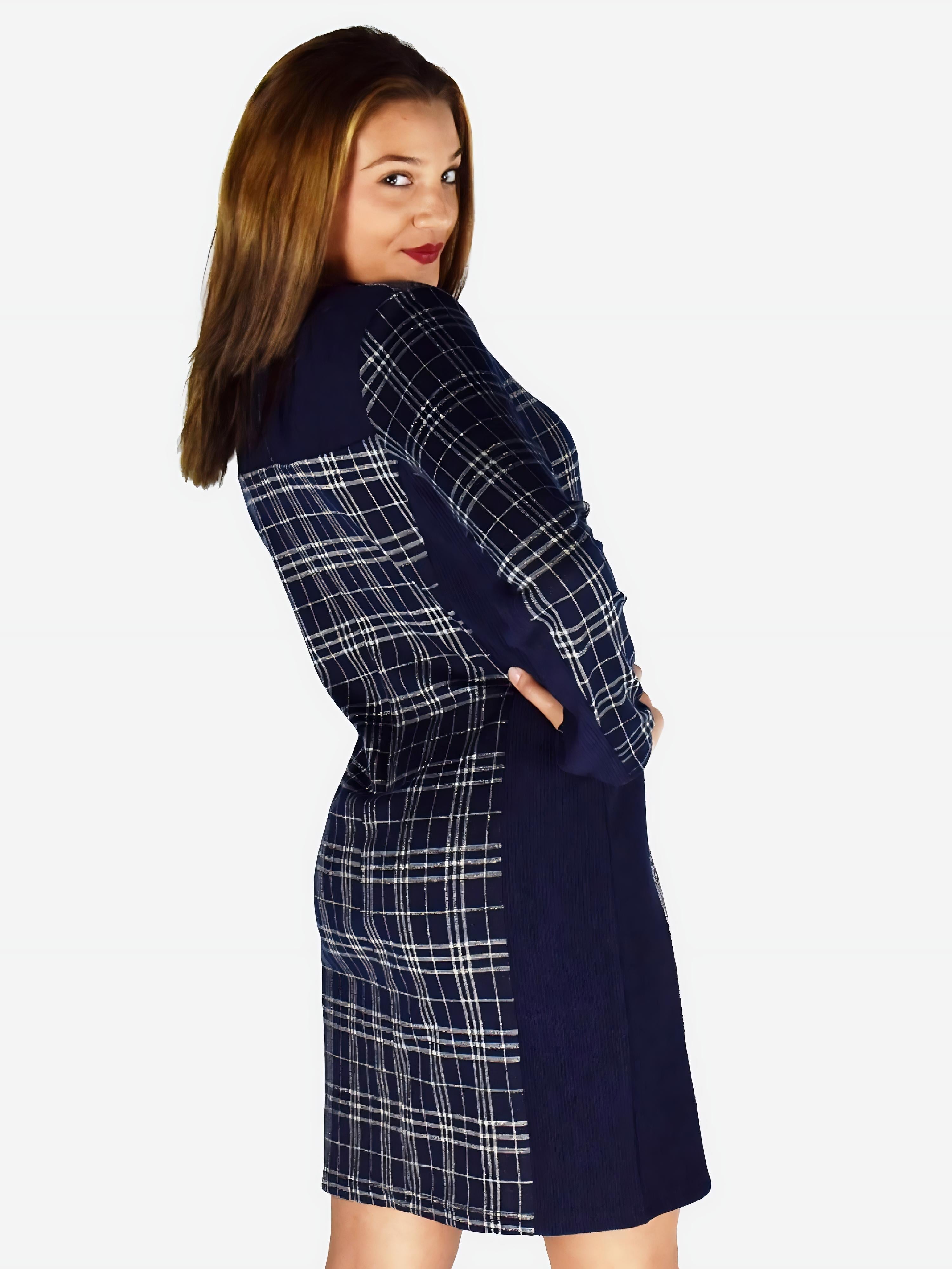 Vestido de Cuadros Mujer Entubado con Cortes a Contraste – Koroshi Azul Marino