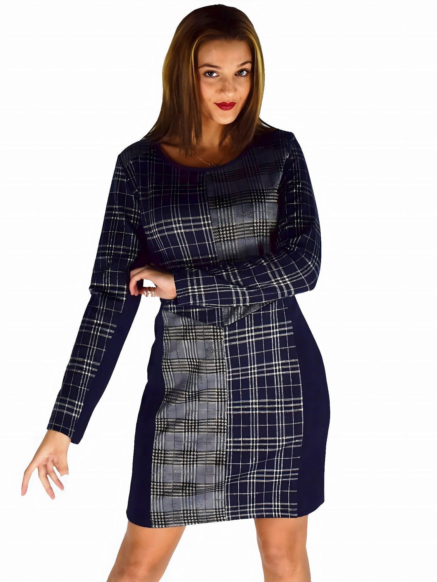 Vestido de Cuadros Mujer Entubado con Cortes a Contraste – Koroshi Azul Marino